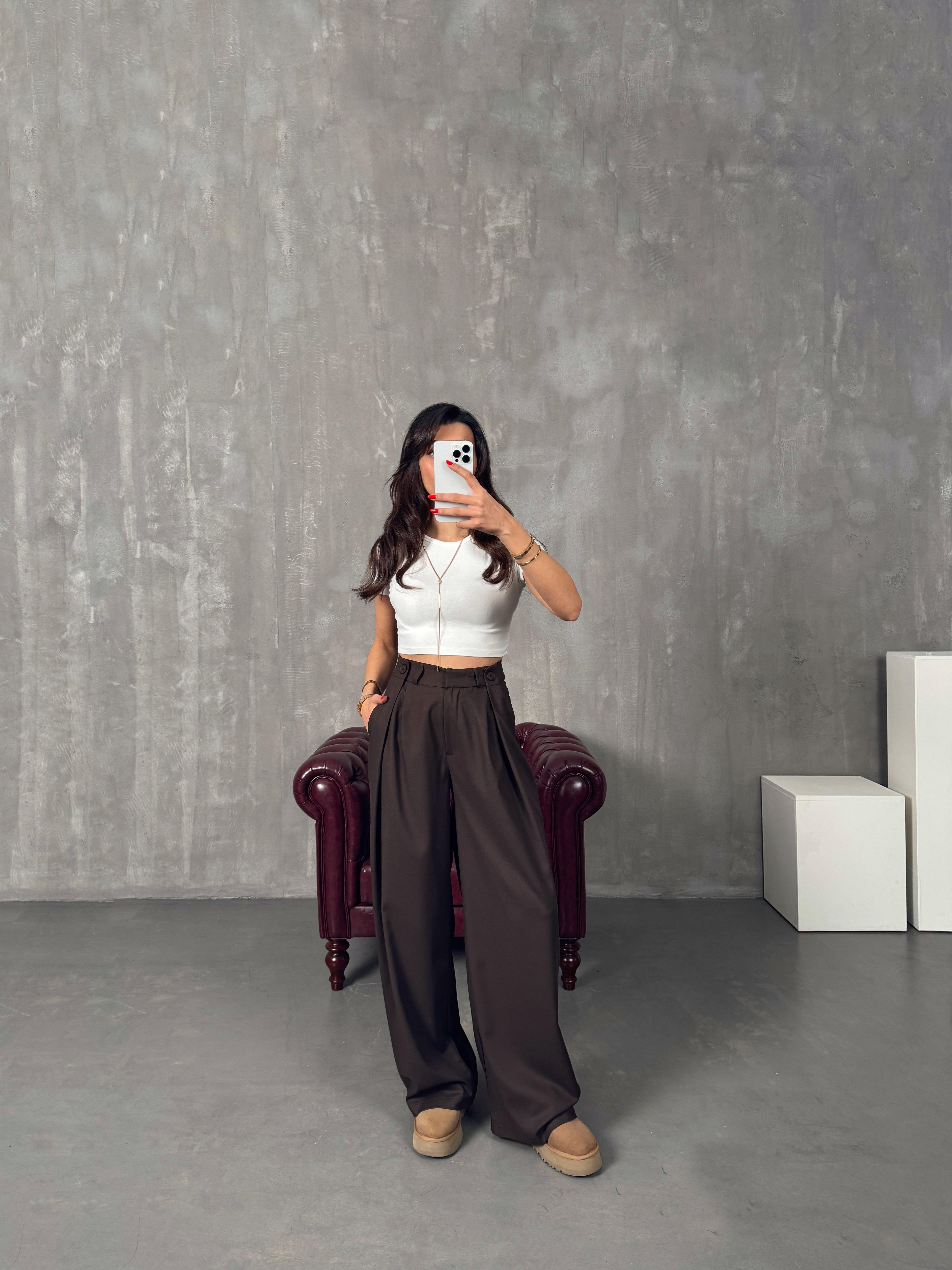 Frank Kahve Önden Düğmeli Pileli Bol Poliviskon PantolonGausPANTOLONGU00904262