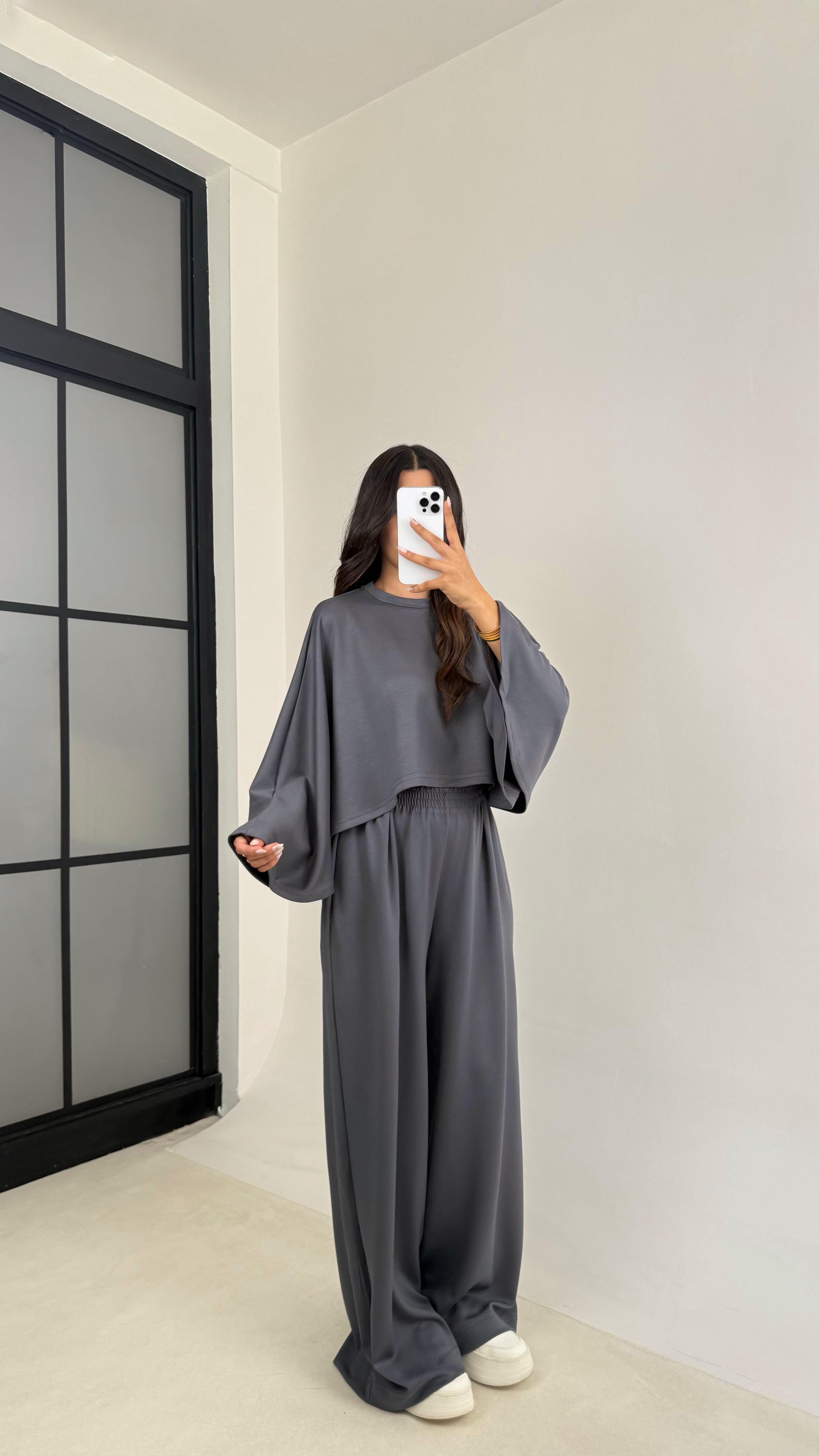 Antrasit Yarasa Kol Crop Beli Lastikli Pantolon OYS Muadil Modal Takım GAUS-0080GAUSSuitsGAUS-0080