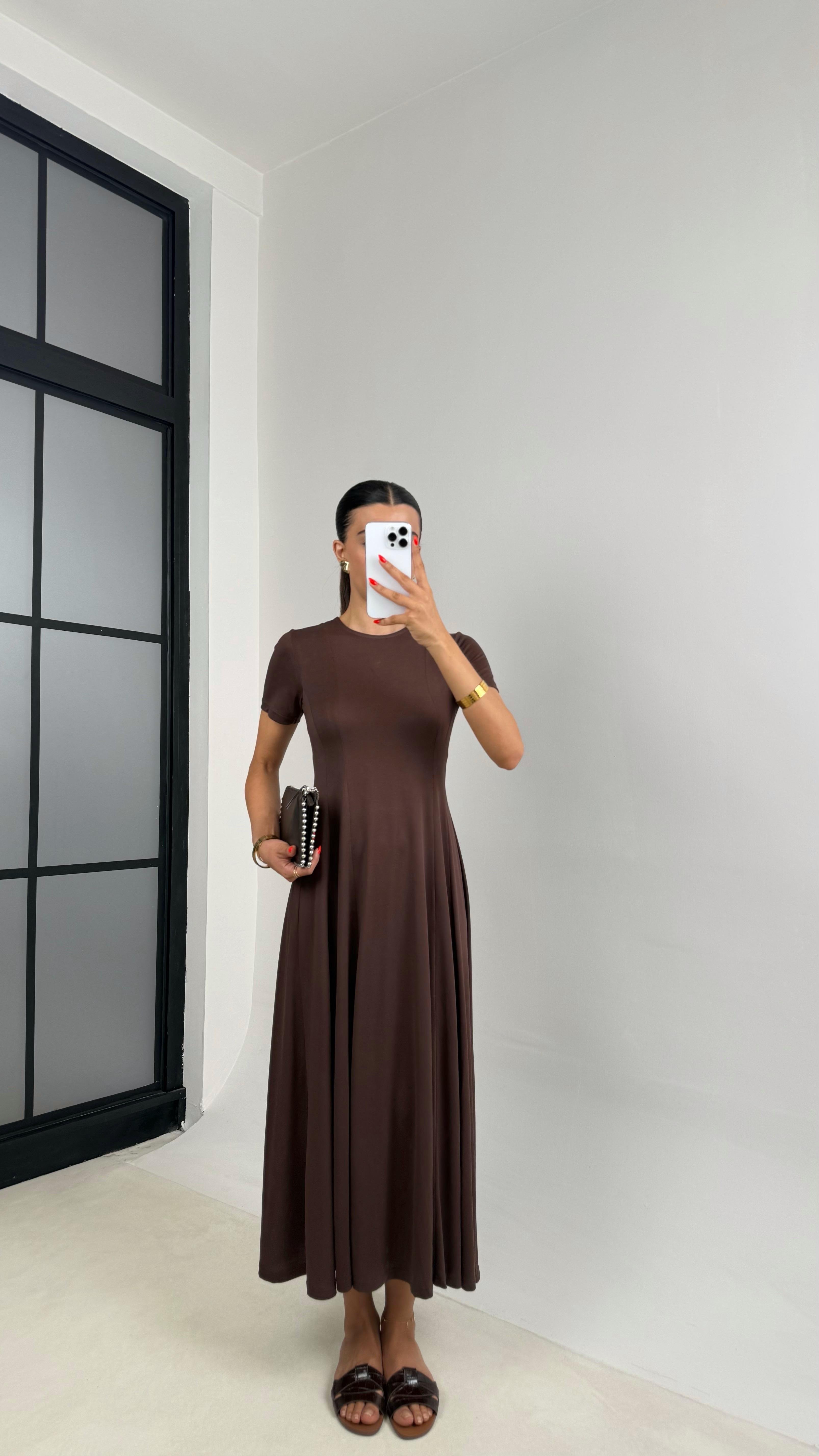 Kahve Oysh Muadil Fermuarlı Modal Kumaş Elbise GAUS-0035GAUSELBİSEGAUS-0035