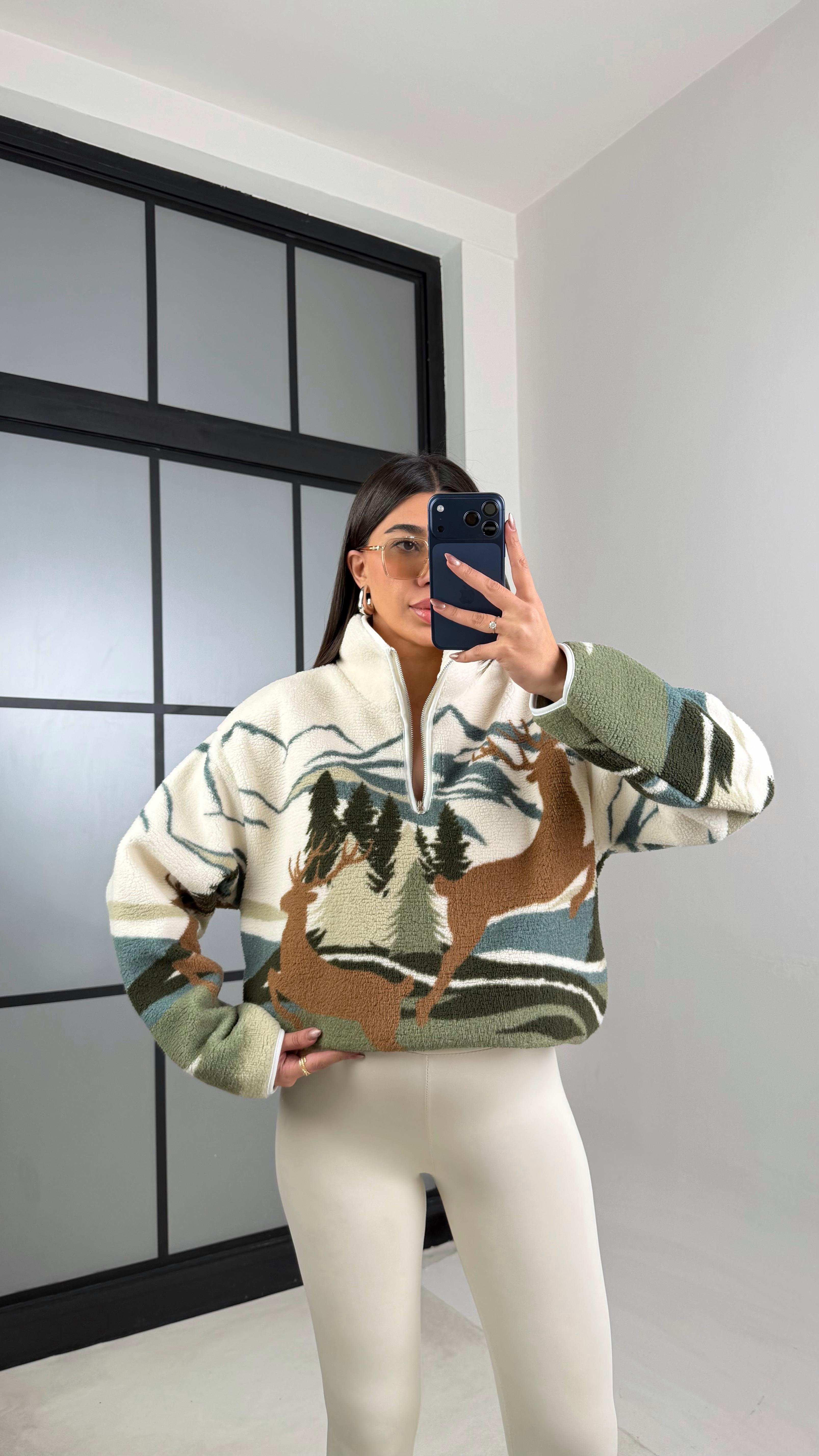 Yeşil Fermuarlı Geyik Desenli Polar Sweatshirt GAUS-00723 GAUS-01100GAUSSWEATSHIRTGAUS-01100