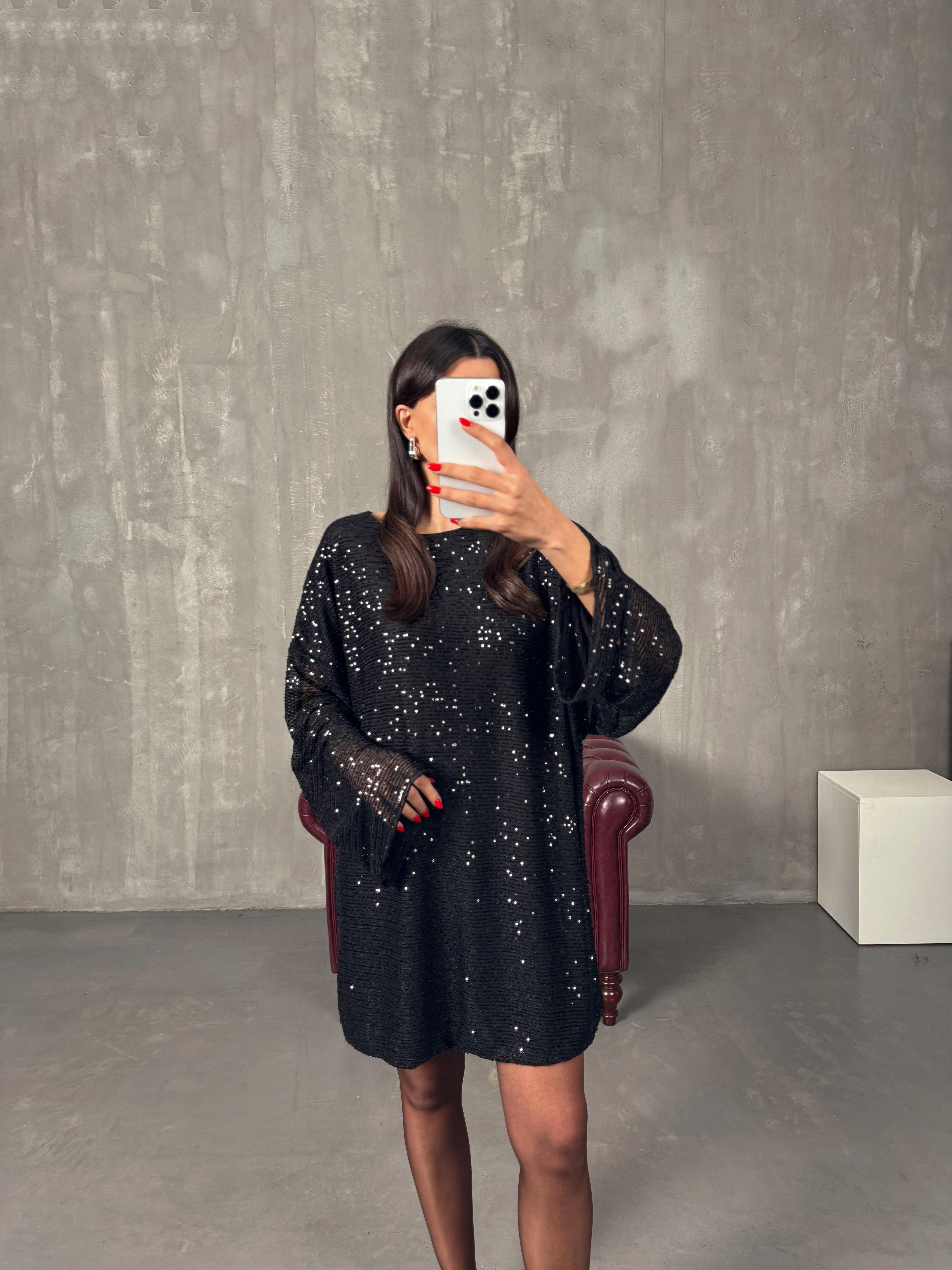 Lisso Siyah Astarlı Pullu Payet Elbise 