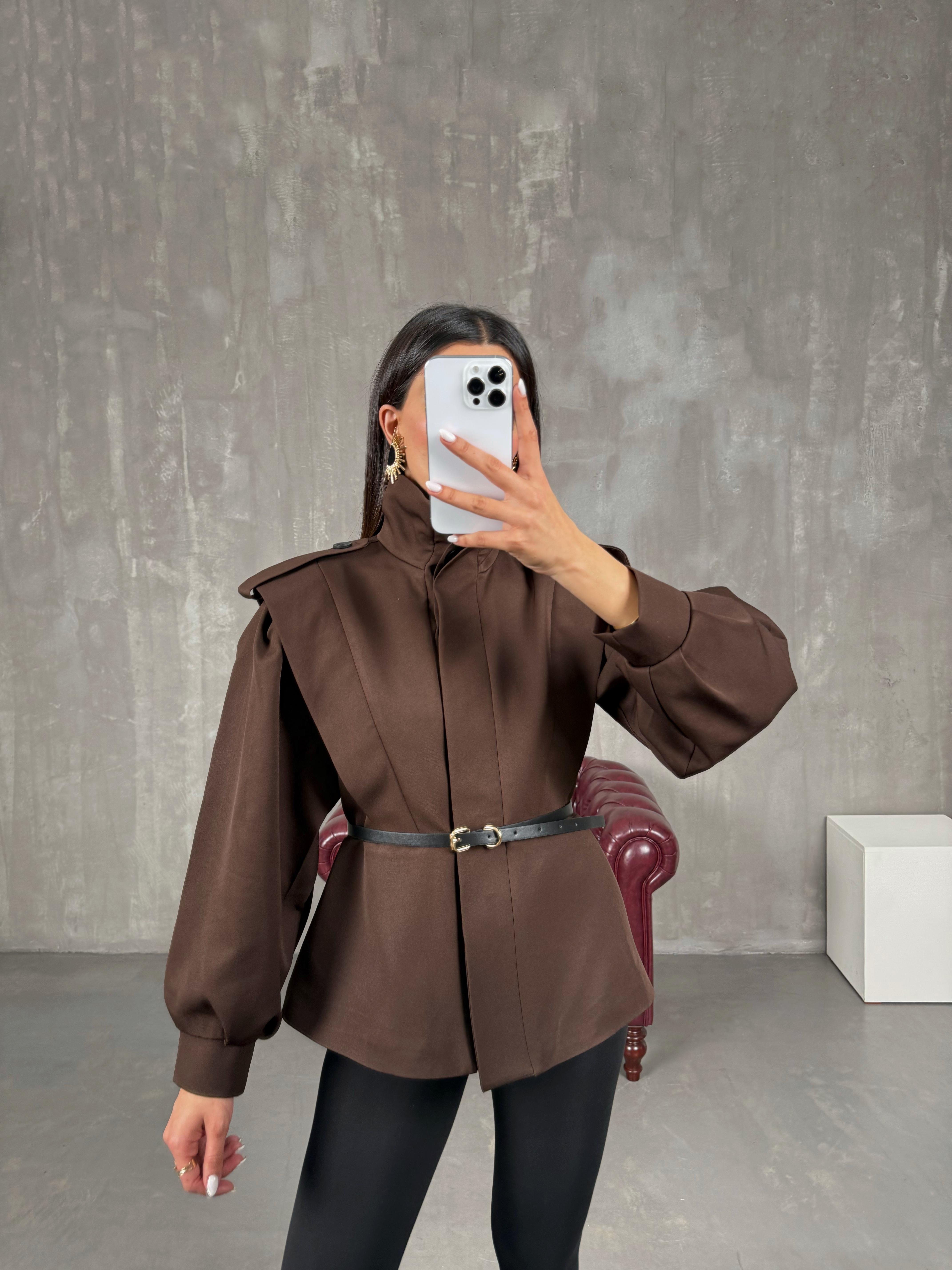 Orlis Kahve Kemer Detaylı Astarlı Tasarım Ceket