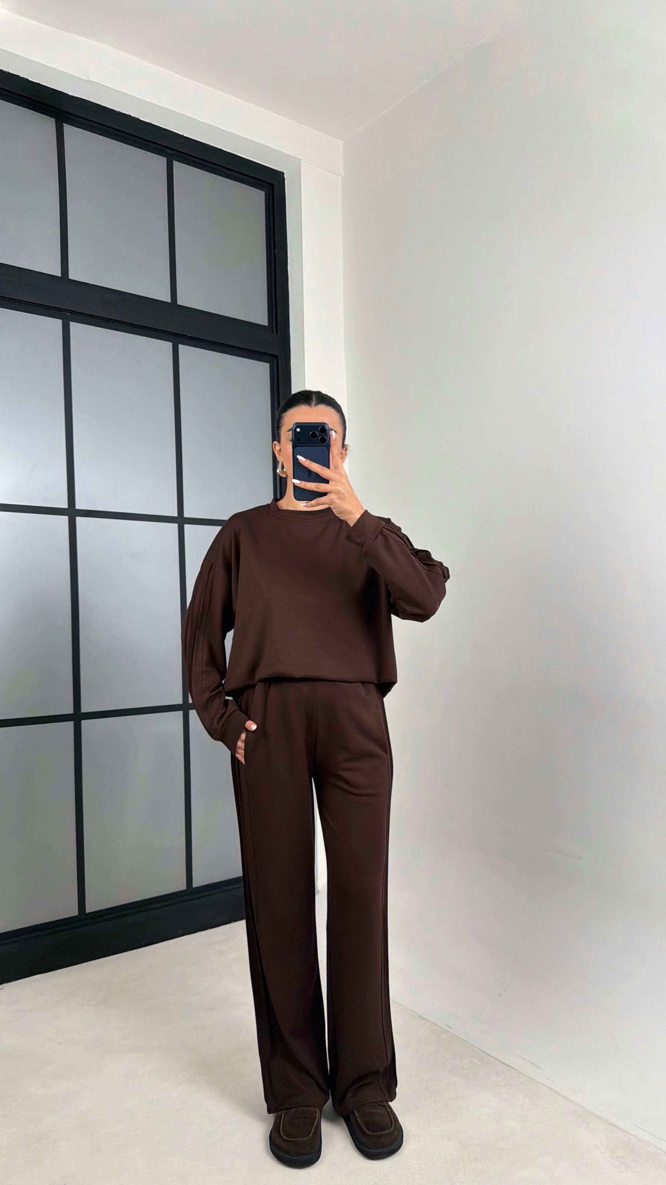 Kahve Bisiklet Yaka Sweatshirt Beli Lastikli Eşofman İkili Modal Takım GAUS-00598GAUSTAKIMGAUS-00598