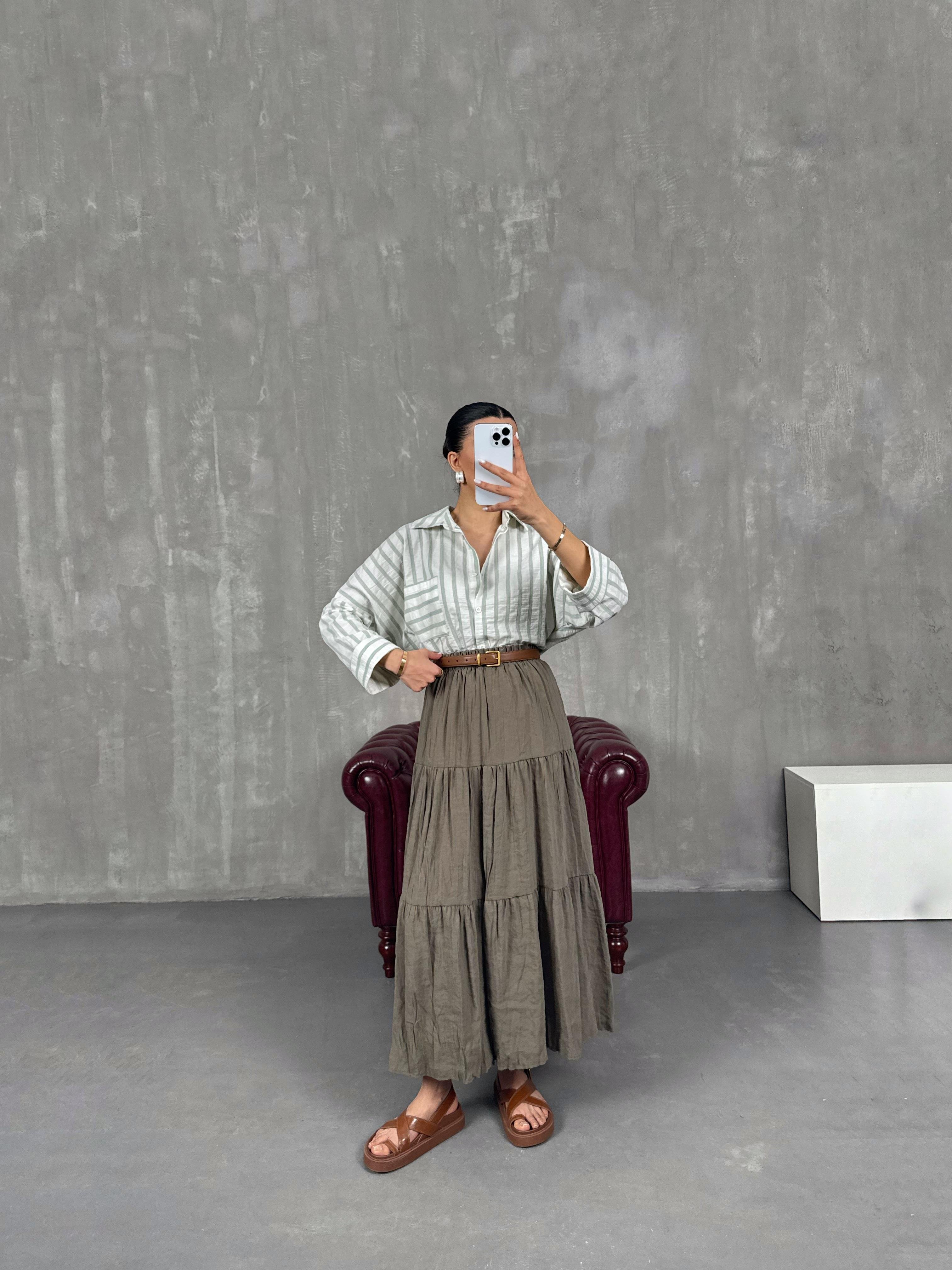 Haki Beli Lastikli Kırışık Kloş Etek Gaus00018