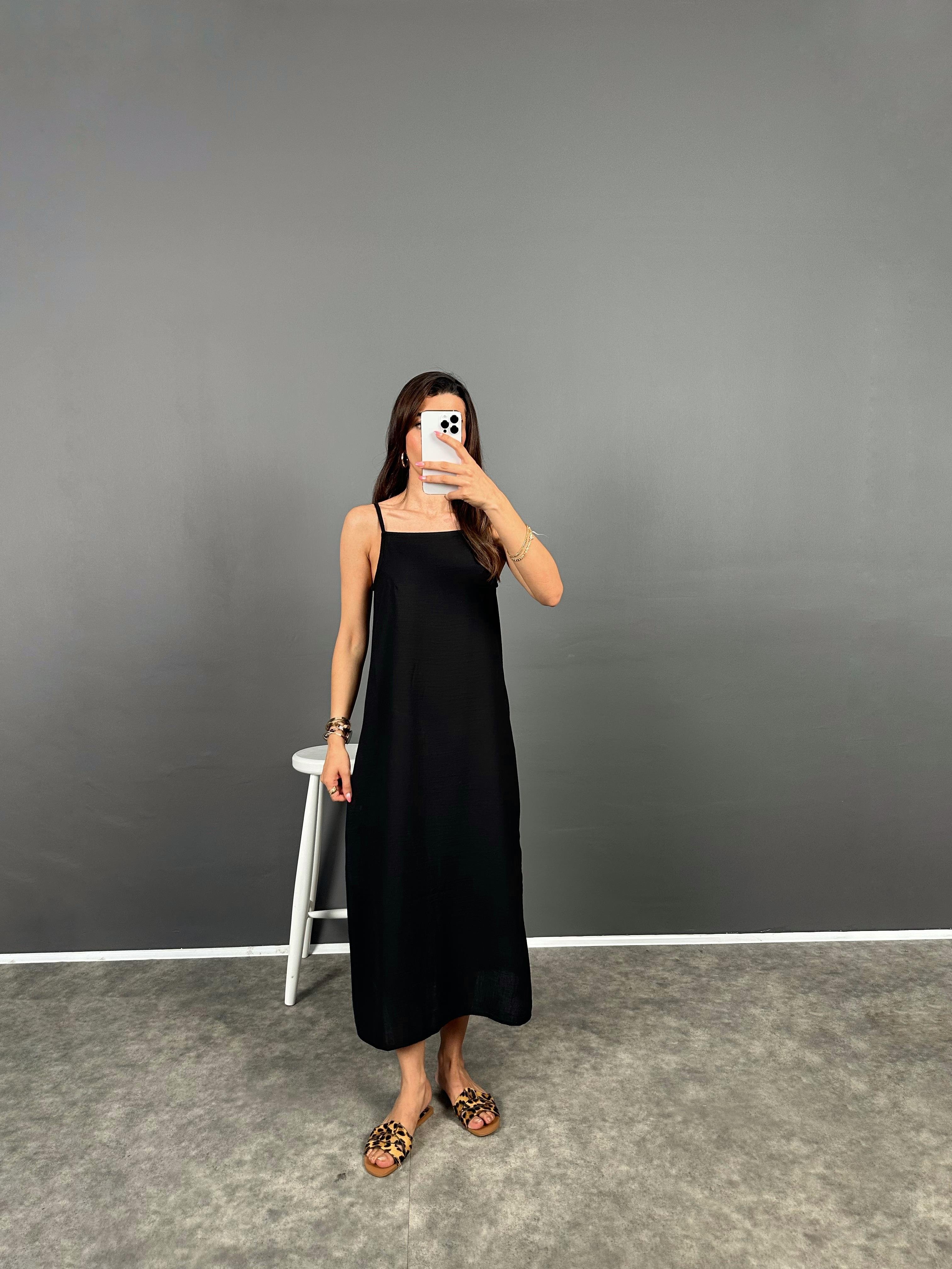 North Siyah Askılı Sıfır Kol Yırtmaçlı Uzun Keten ElbiseGausELBİSEGU008700