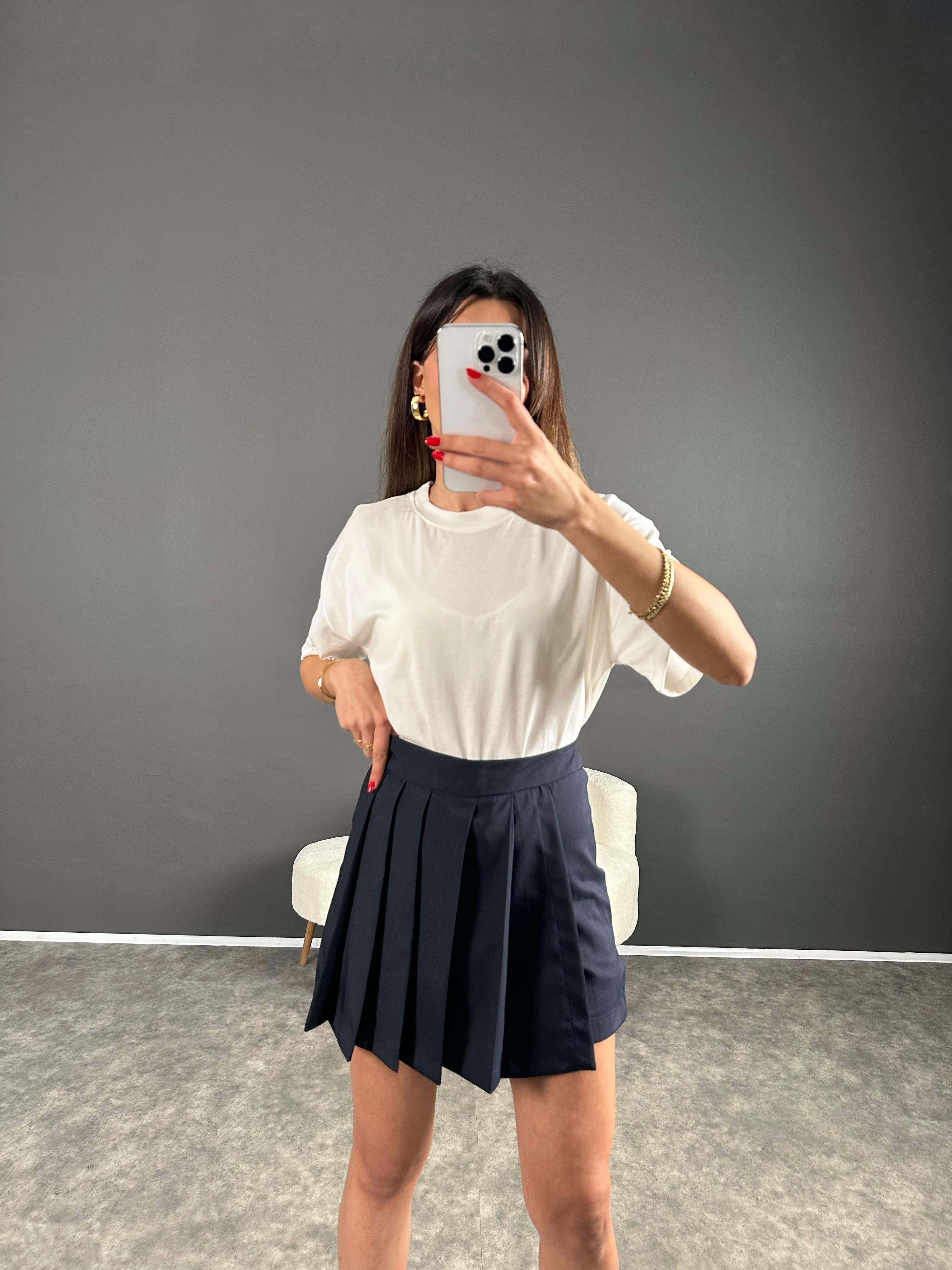 Lacivert Pileli Şort Etek