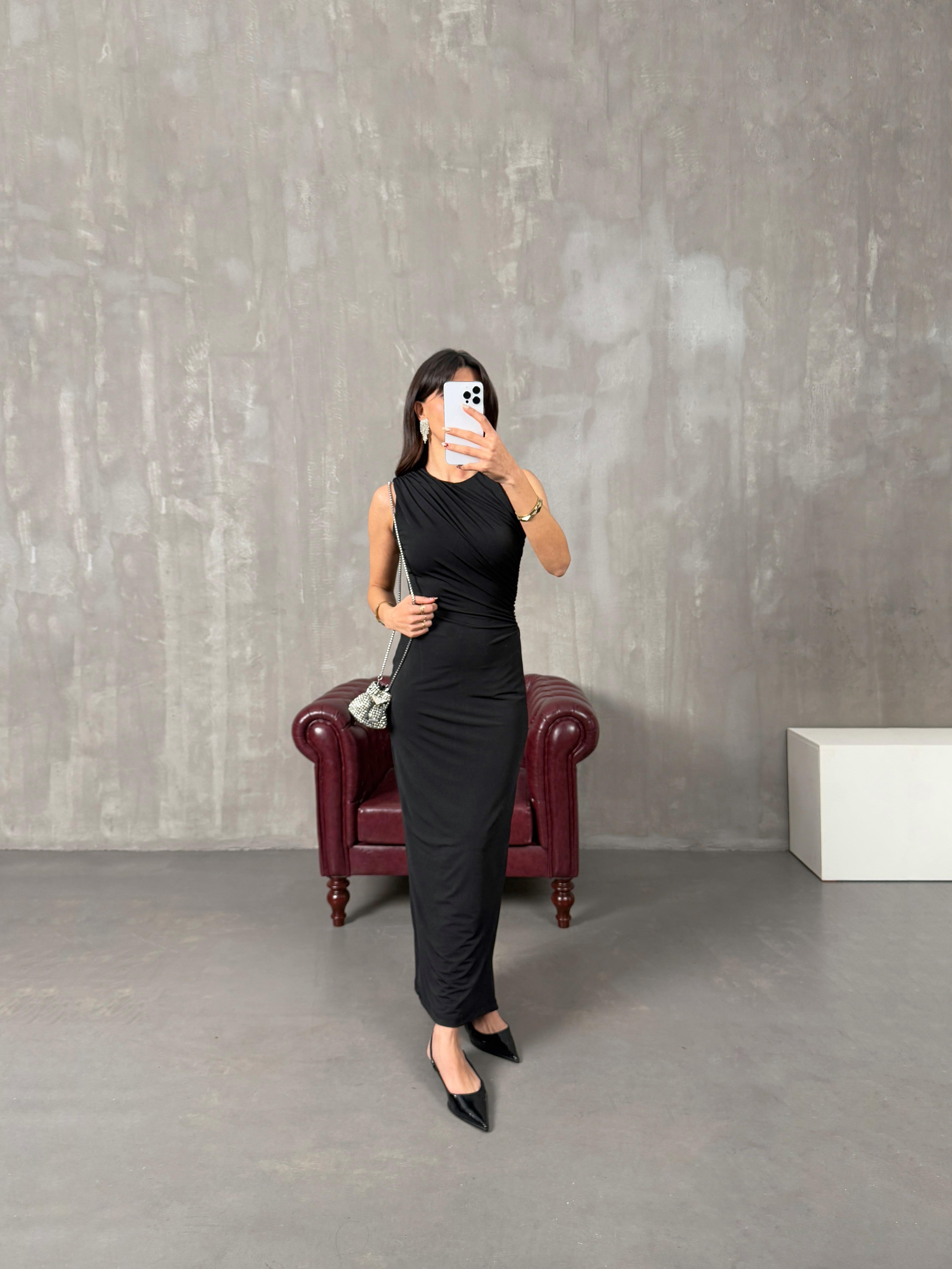 Helena Siyah ZR Model Drapeli Astarlı ElbiseGausELBİSEGU10094