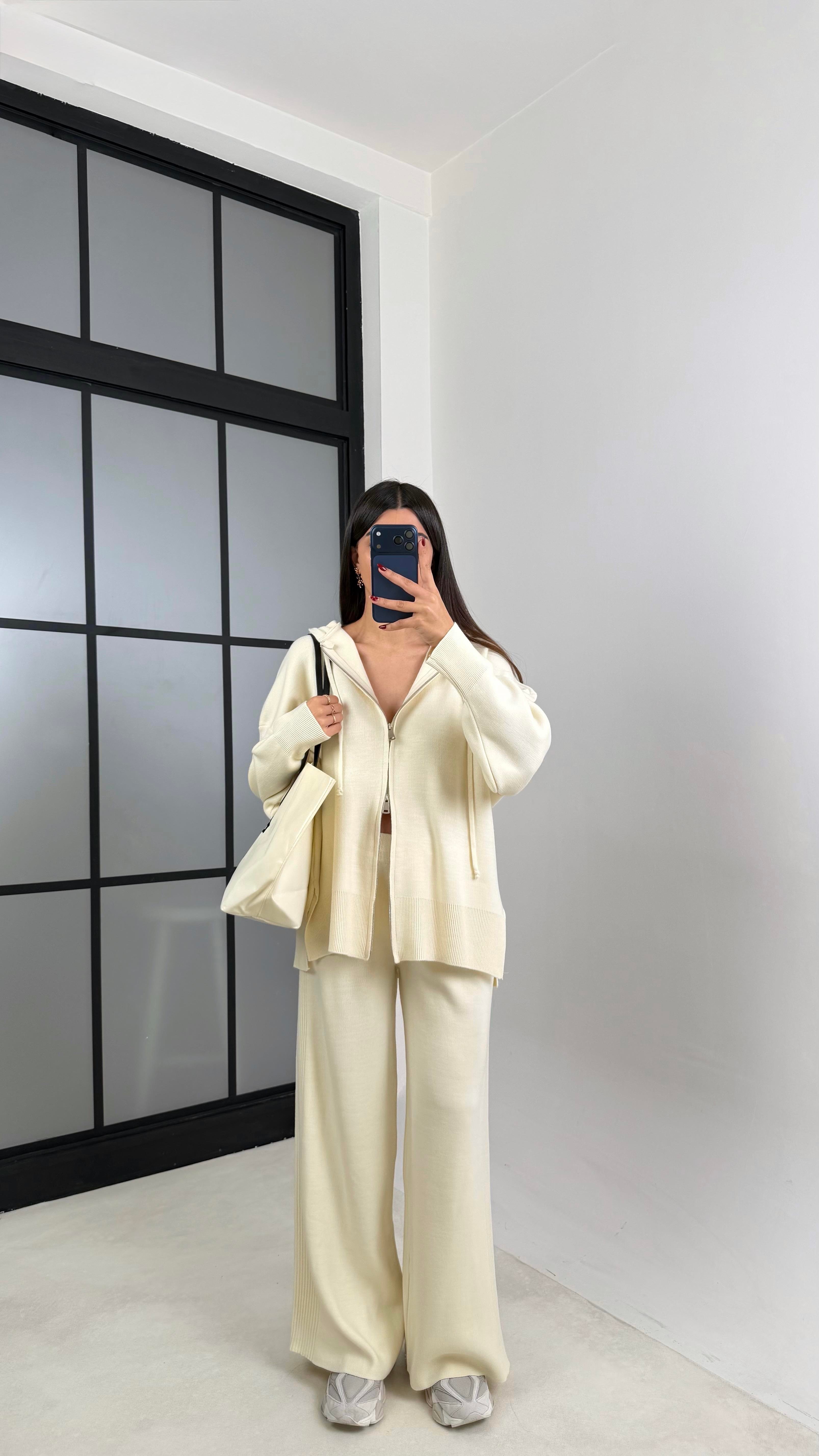 Ekru Çift Fermuarlı Kapüşonlu Hırka Beli Lastikli Pantolon İkili Triko Takım GAUS-00676GAUSTAKIMGAUS-00676