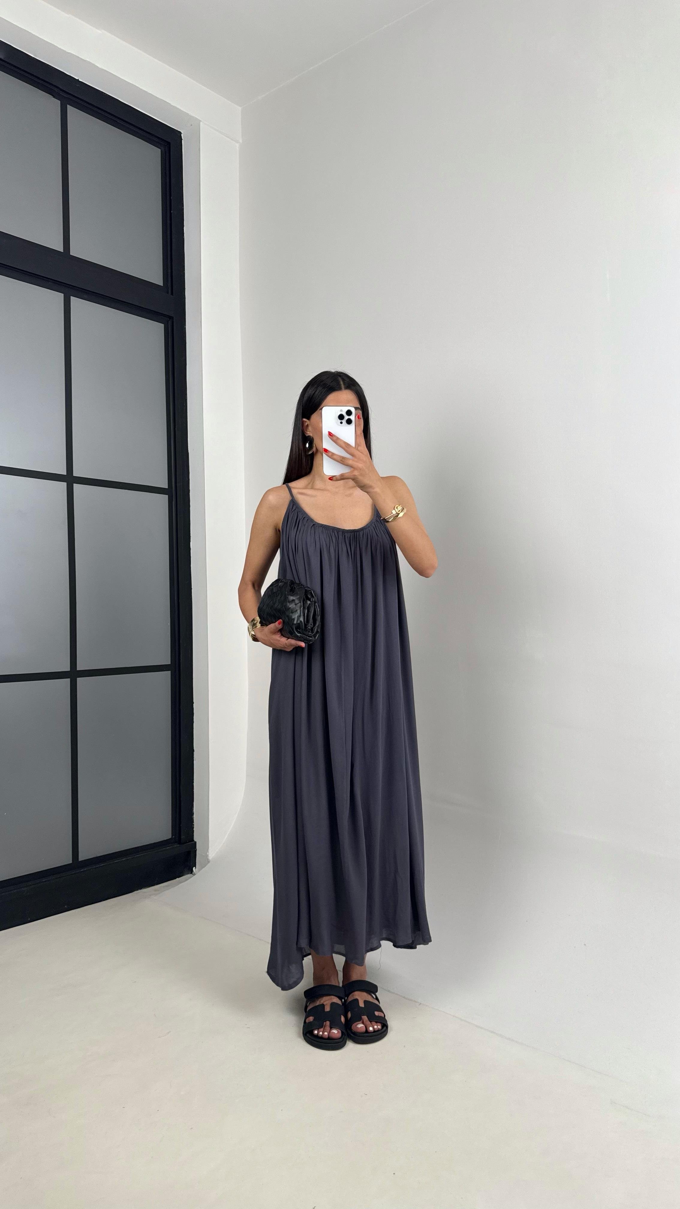 Antrasit Ayarlanabilir Askılı MD Muadil Astarlı Keten Elbise Gaus00474GausELBİSEGU1002109