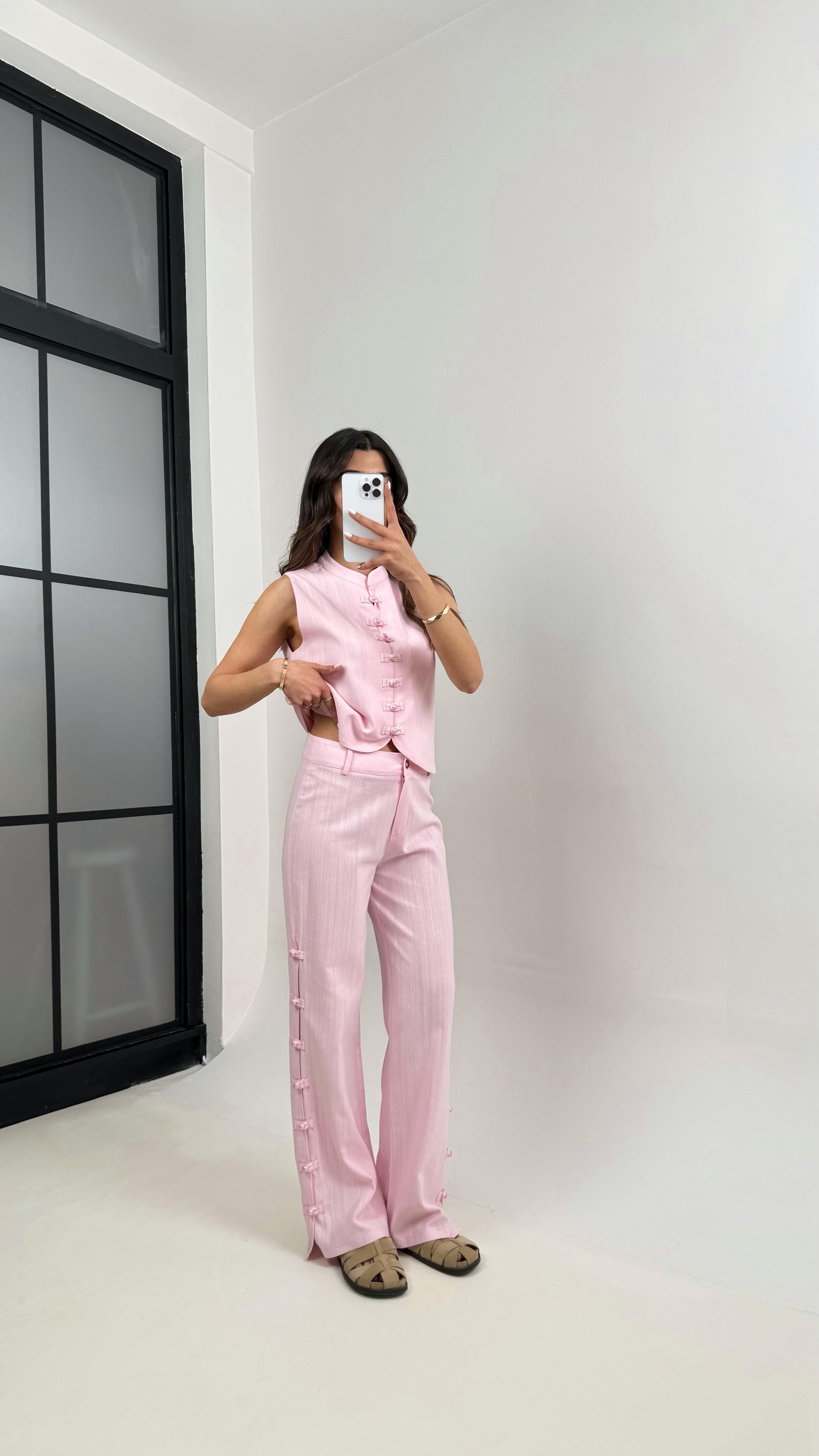 Pembe Düğmeli Tasarım Yelek Pantolon Keten Takım Gaus00339GausTAKIMGU1001790