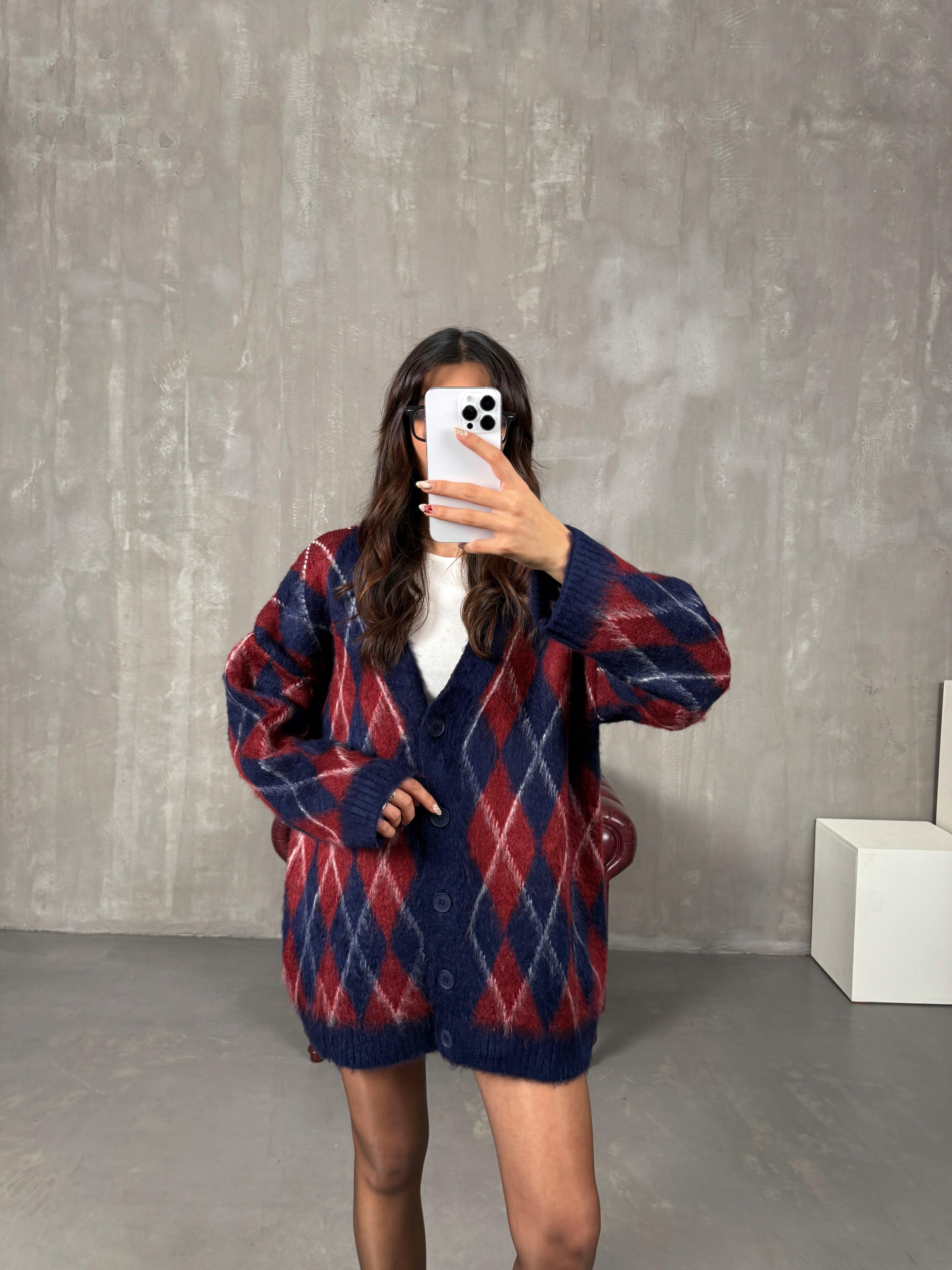 Metu Bordo Lacivert Baklava Desenli Sakallı Hırka