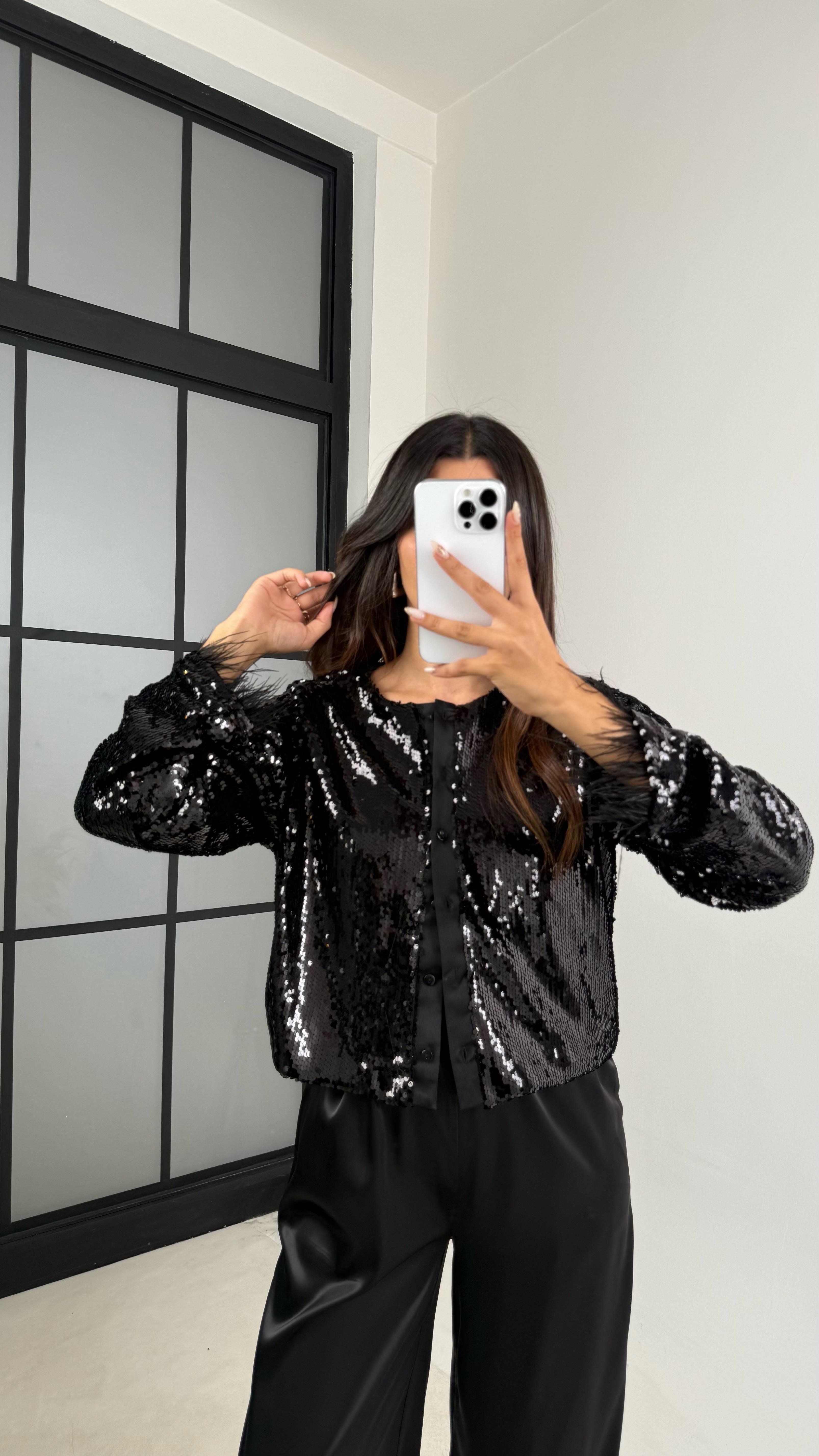 Siyah Pul Payetli Astarlı Tasarım Ceket Gömlek GAUS-0044GAUS القمصان GAUS-0044