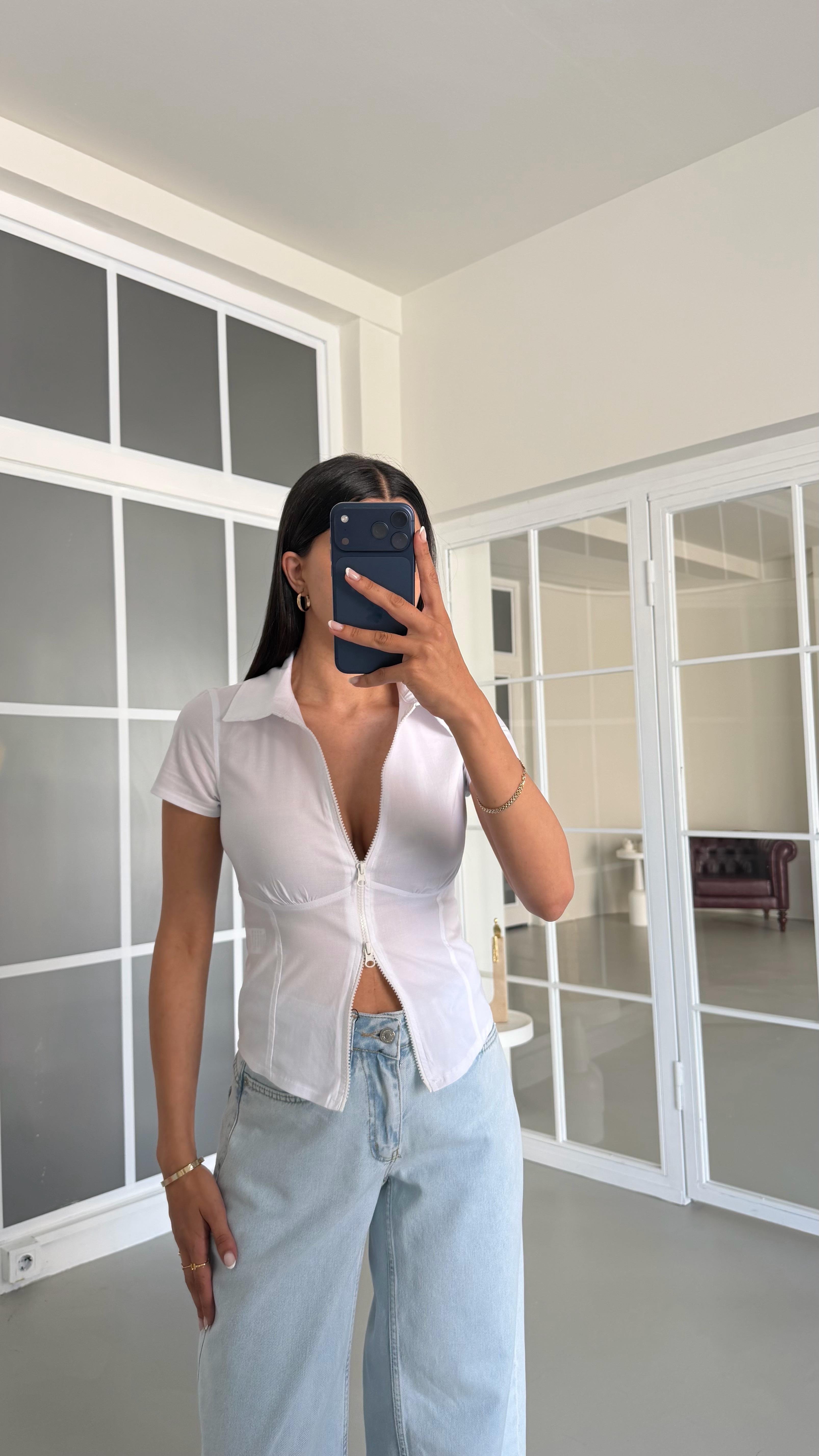 Beyaz Çift Fermuarlı Bluz GAUS-01604GAUSBlouseGAUS-01604