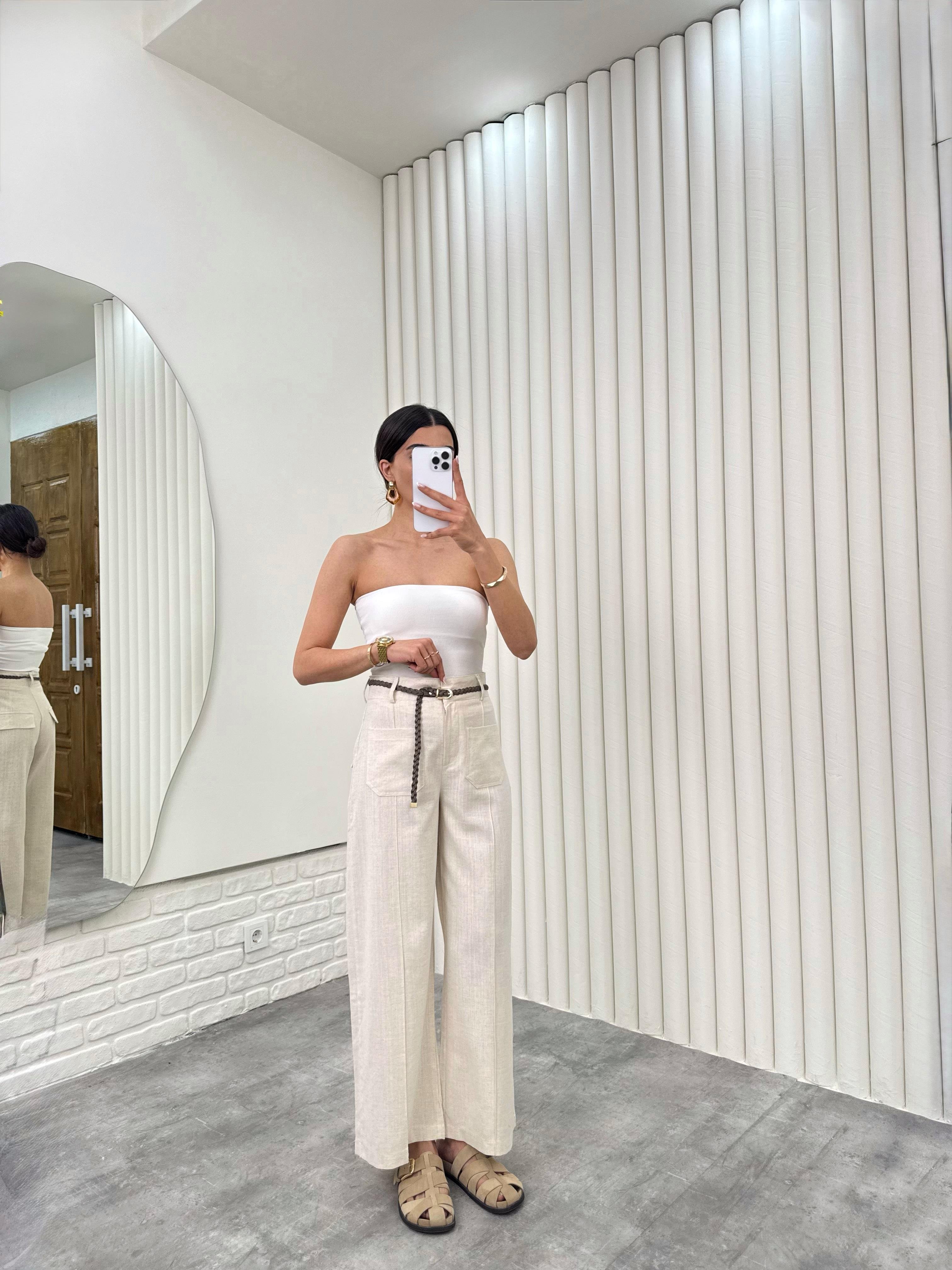 Taş Örgü Kemerli Cepli Keten Pantolon Gaus00332GausPANTOLONGU1001770