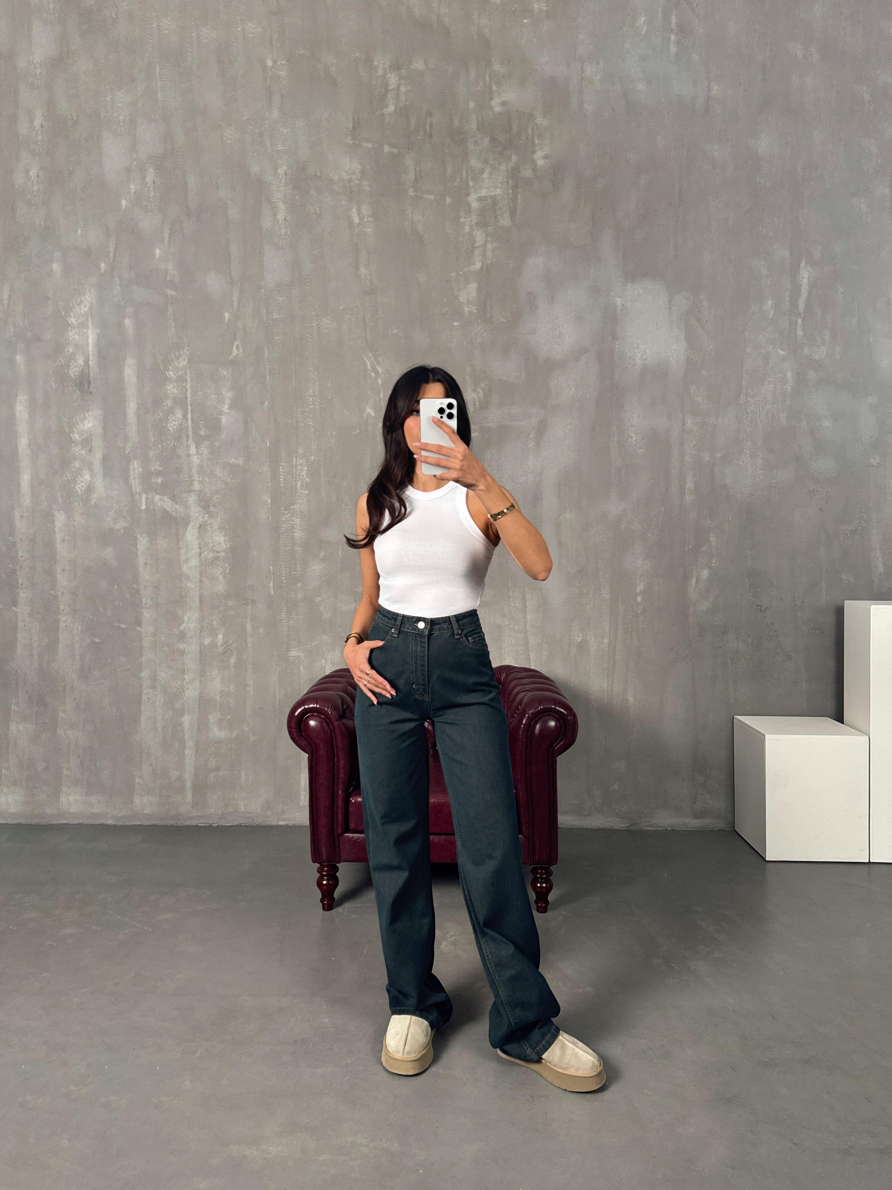 Chos Koyu Mavi Eskitme Wide Leg Jean