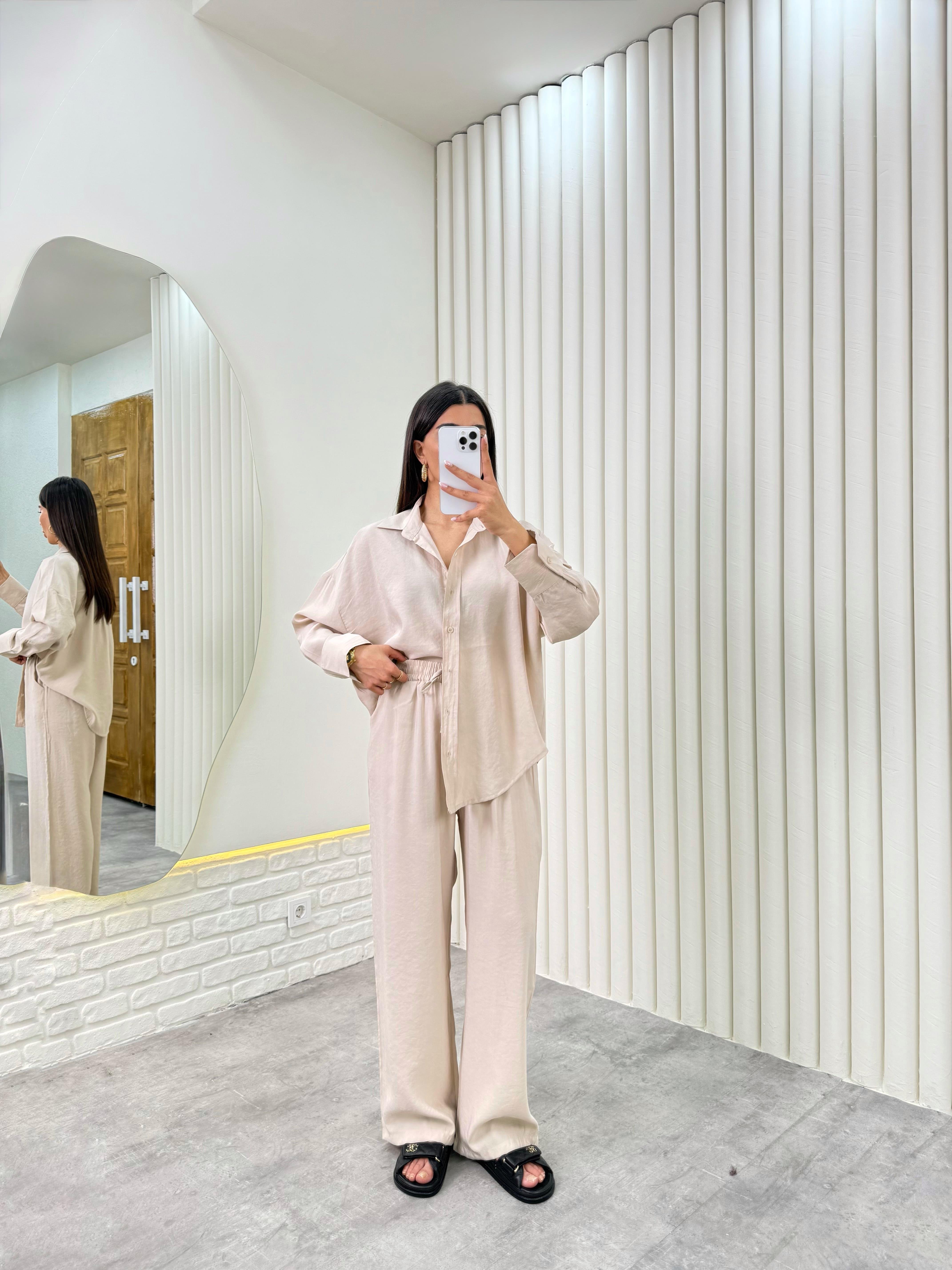 Taş  Gömlek Beli Lastikli Pantolon Premium Tensel Takım Gaus00322GausTAKIMGU1001747