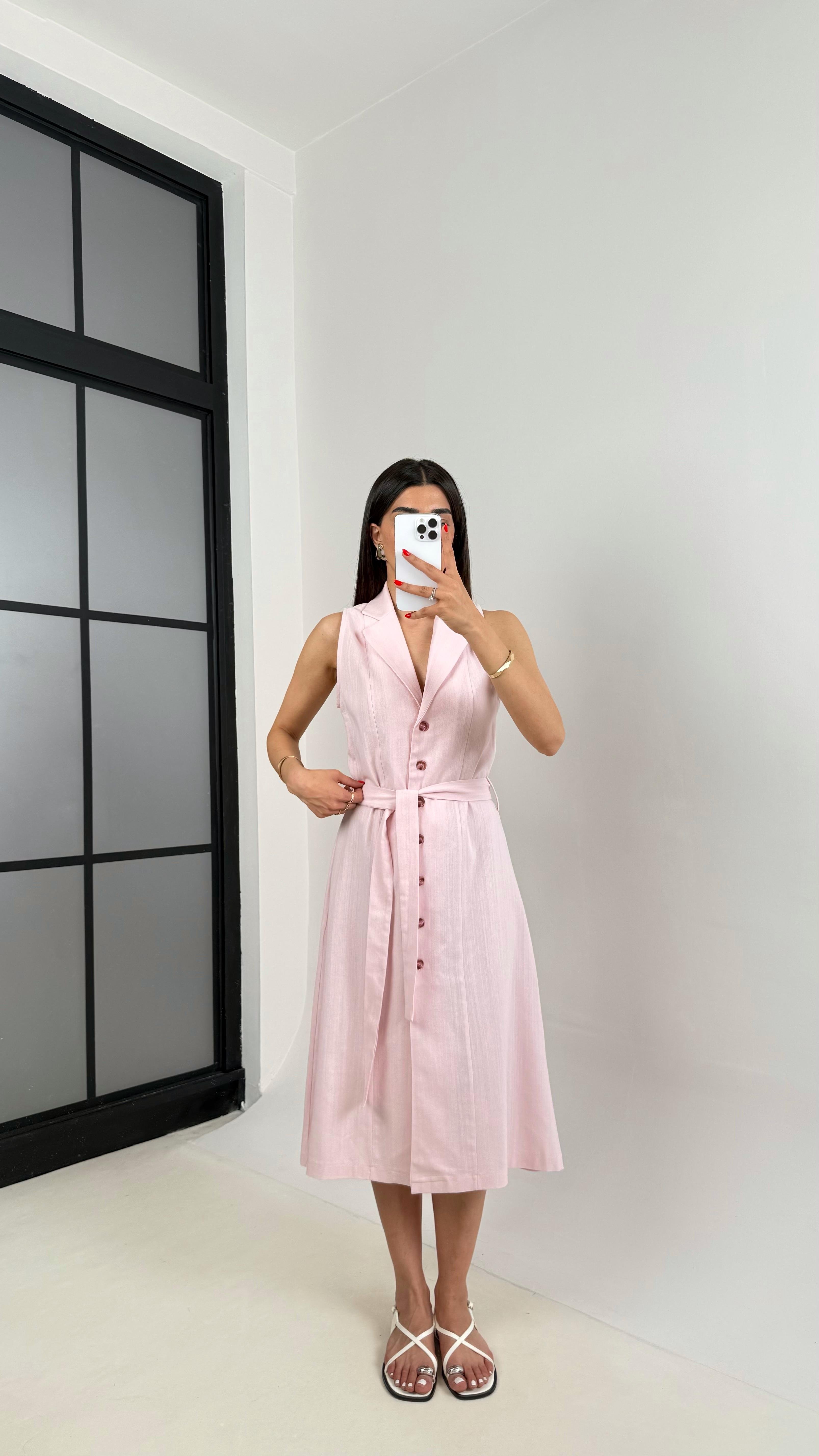 Pembe V Yaka Önü Düğmeli Kuşaklı Keten Elbise Gaus00461 GausELBİSEGU1002077