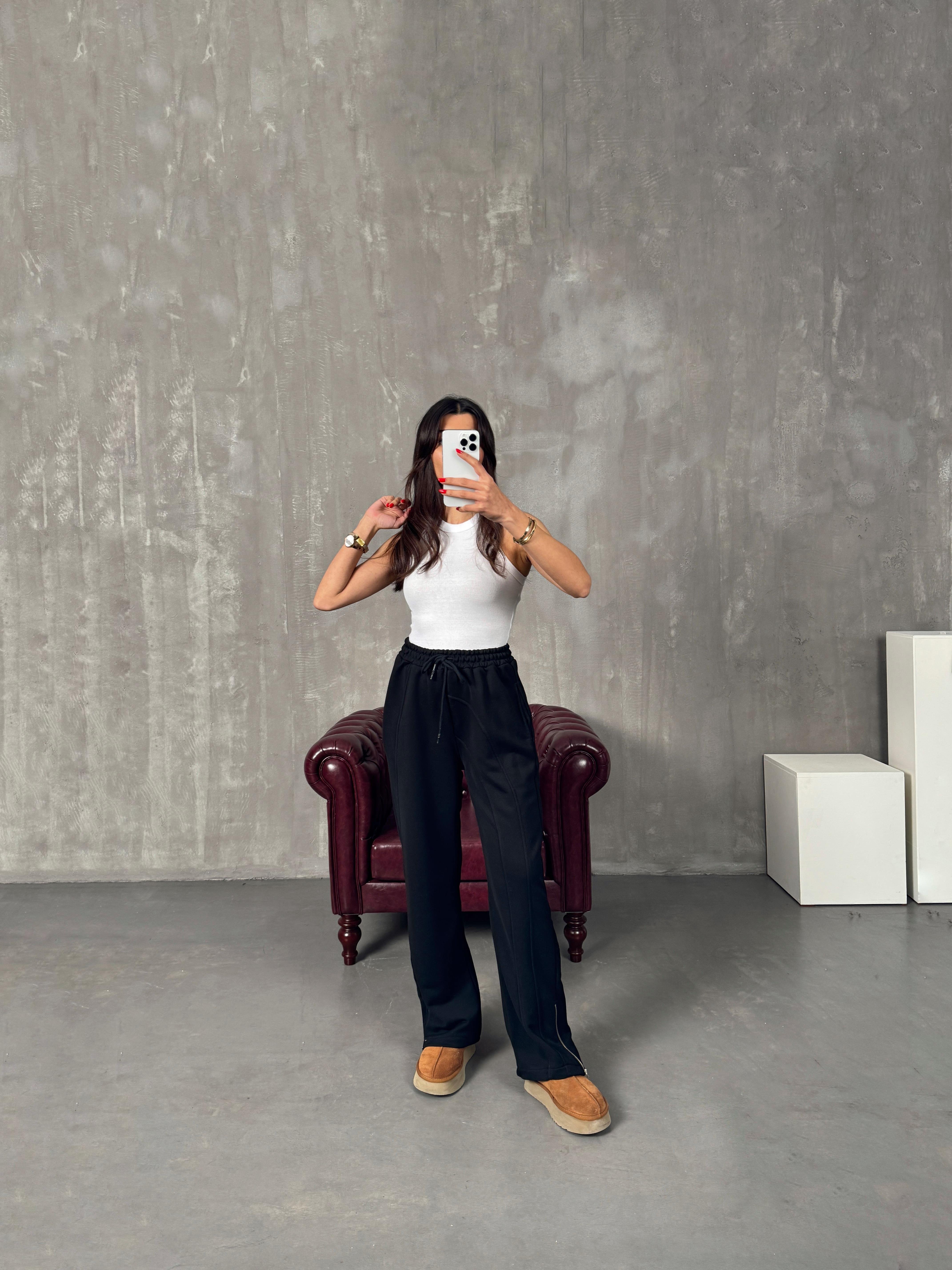 Brow Siyah Üç İplik Şardonsuz Fermuar Paçalı Eşofman AltıGausEŞOFMANGU00904251