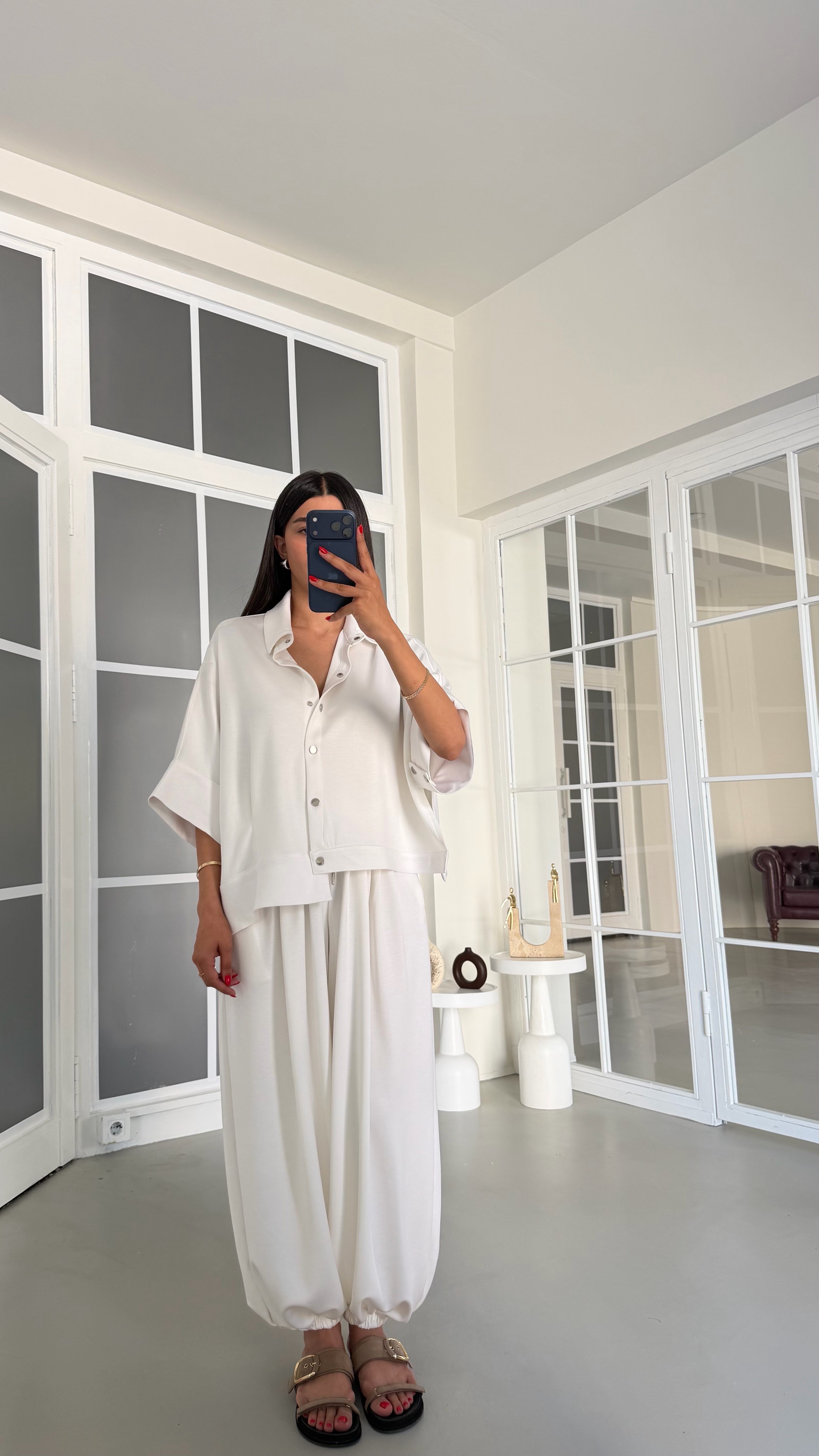 Ekru Yarasa Kol Çıtçıt Düğmeli Ceket Beli Lastikli Şalvar Pantolon İkili Modal Takım GAUS-01835GAUSSuitsGAUS-01835