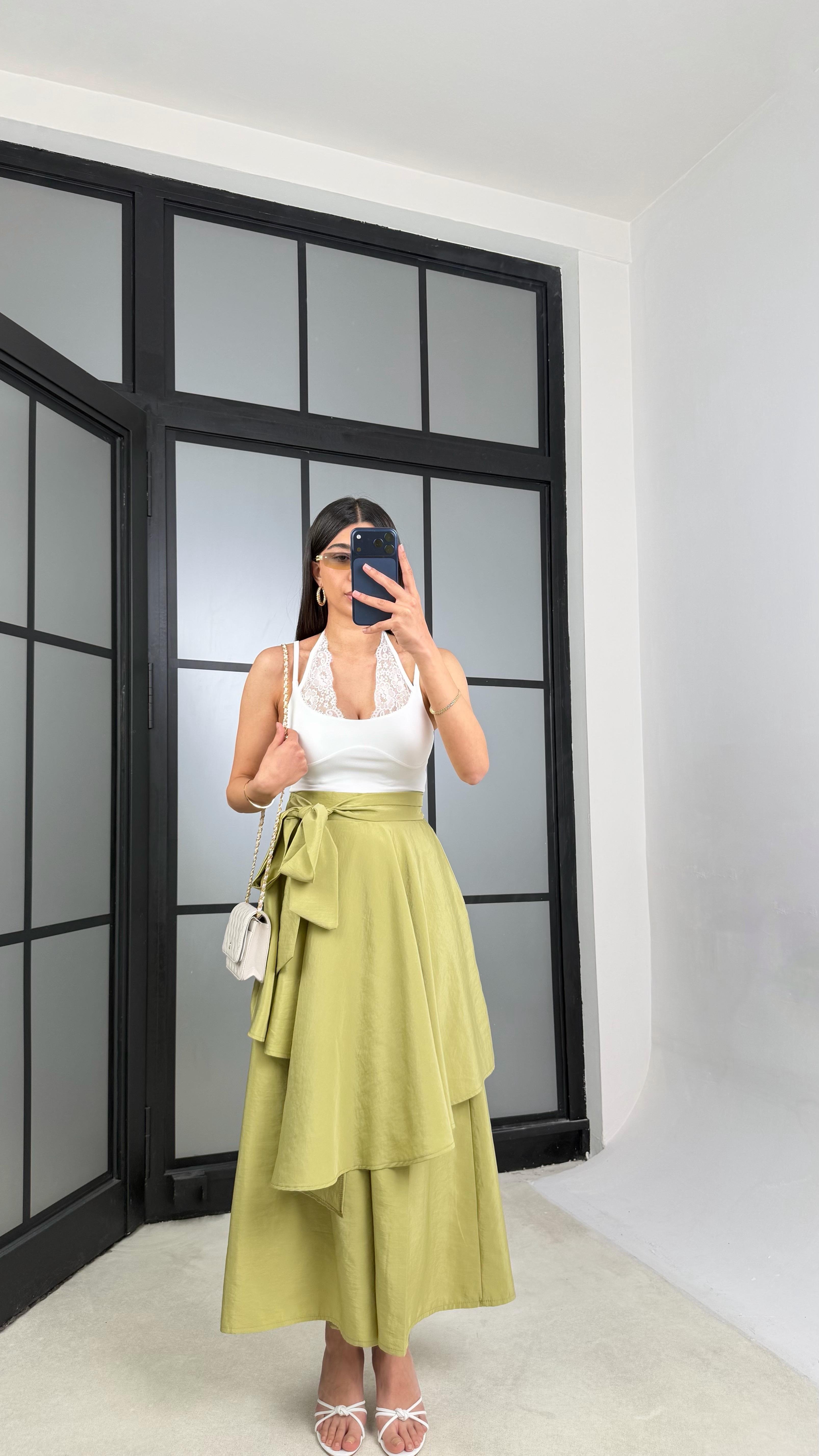 Yeşil İthal Tencel Kumaş Tasarım Etek Pantolon GAUS-01412GAUSPANTOLONGAUS-01412