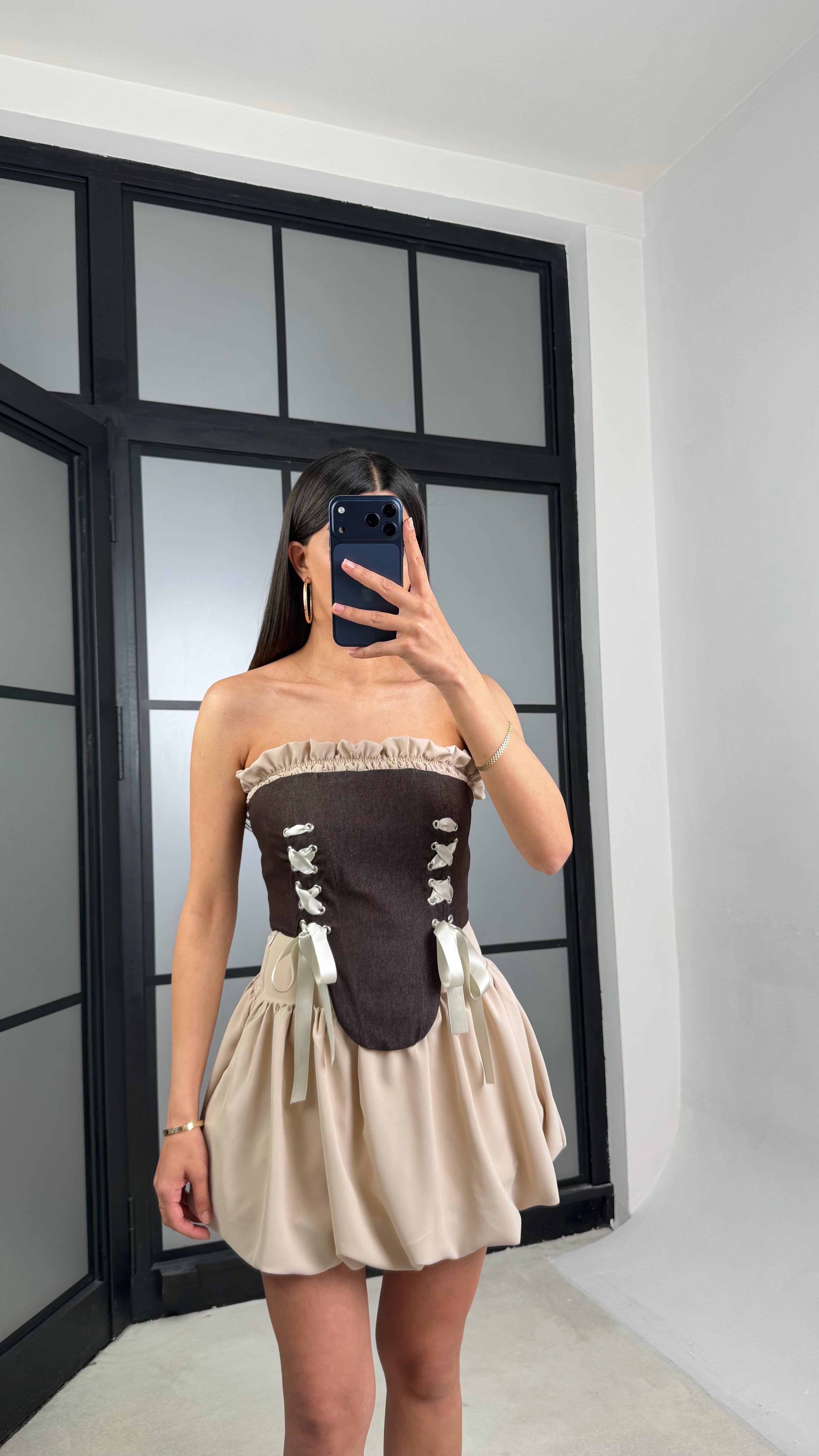 Kahve Denim Korse Şortlu Balon Etek Takım GAUS-01433GAUSTAKIMGAUS-01433