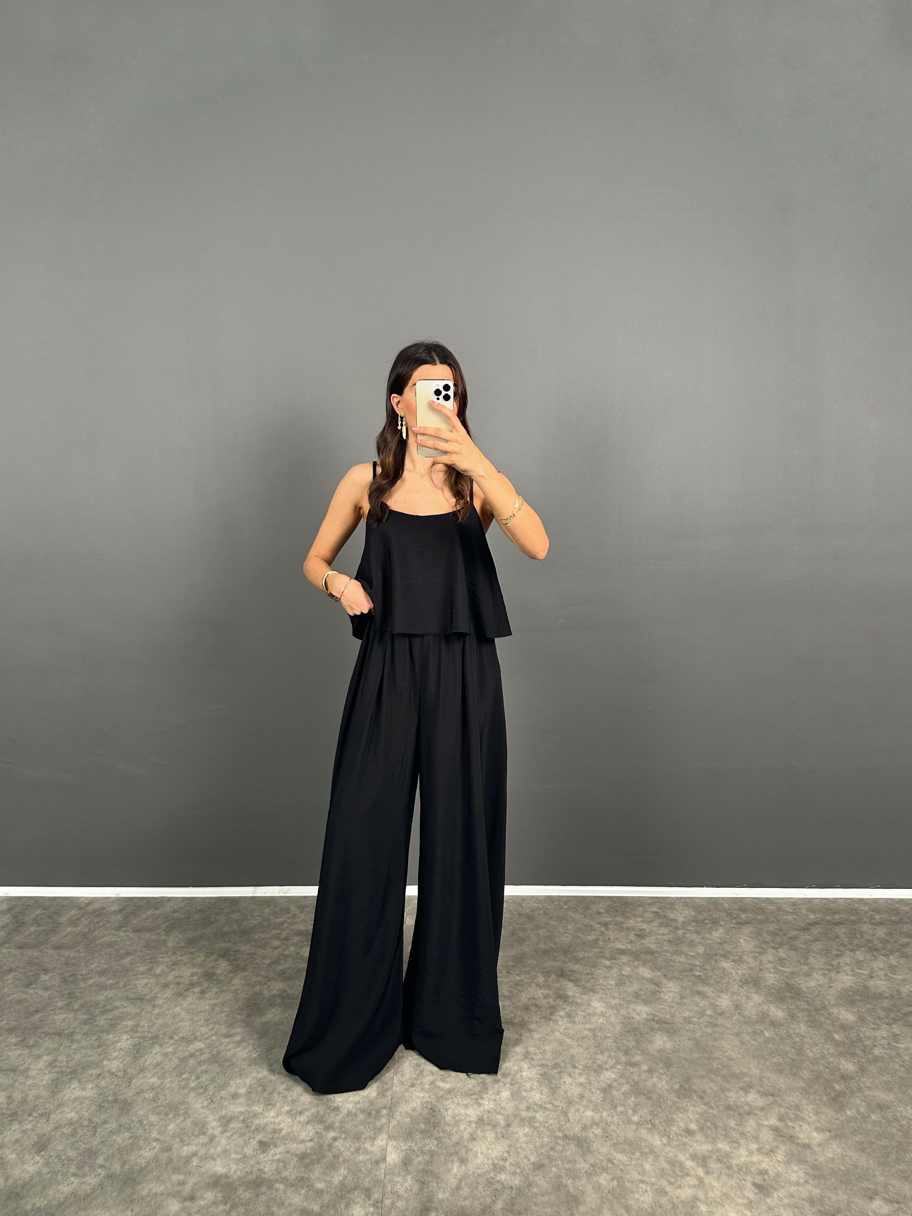 Blon Siyah İp Askılı  Crop Bluz Bol Paça Pantolon Zr Model İkili TakımGausTAKIMGU008593