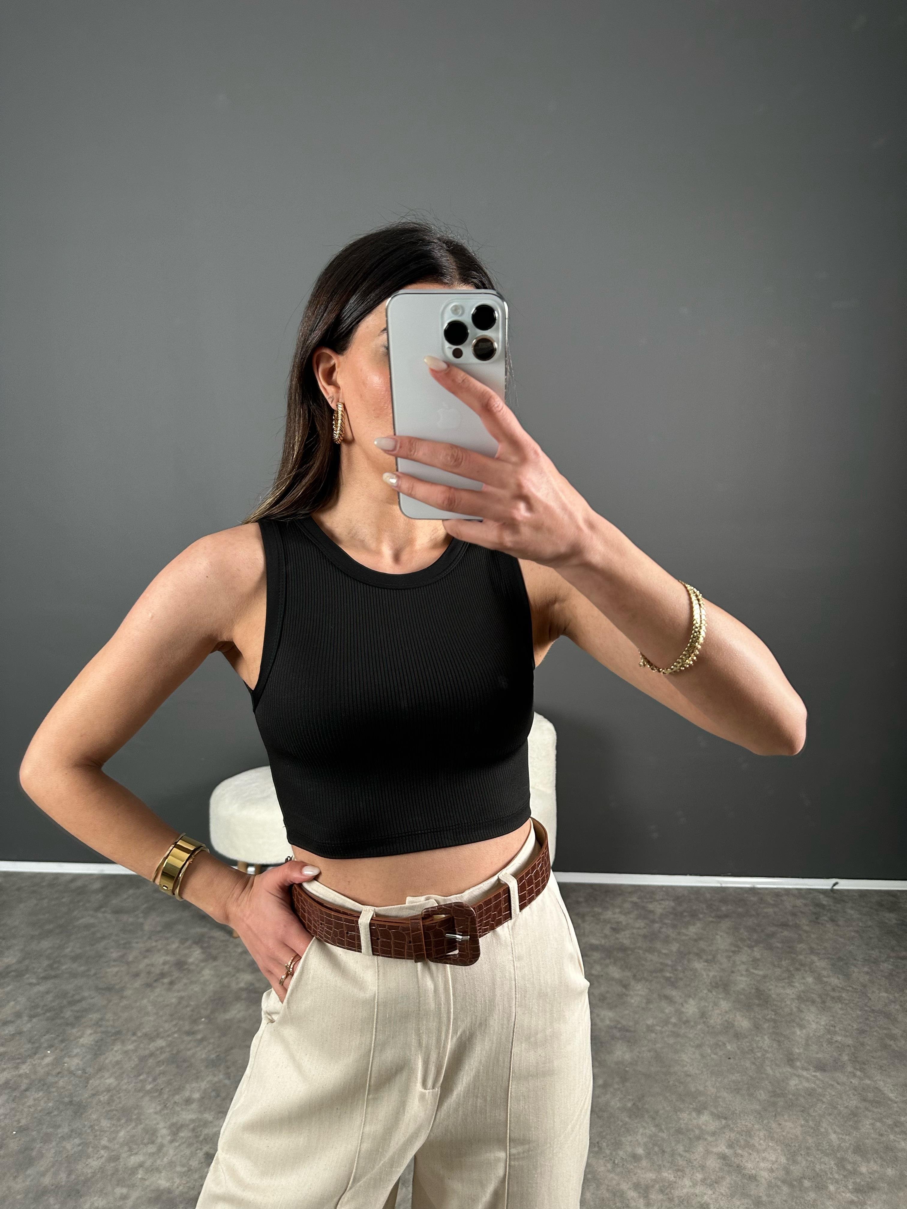 Siyah Fitilli Atlet Crop 