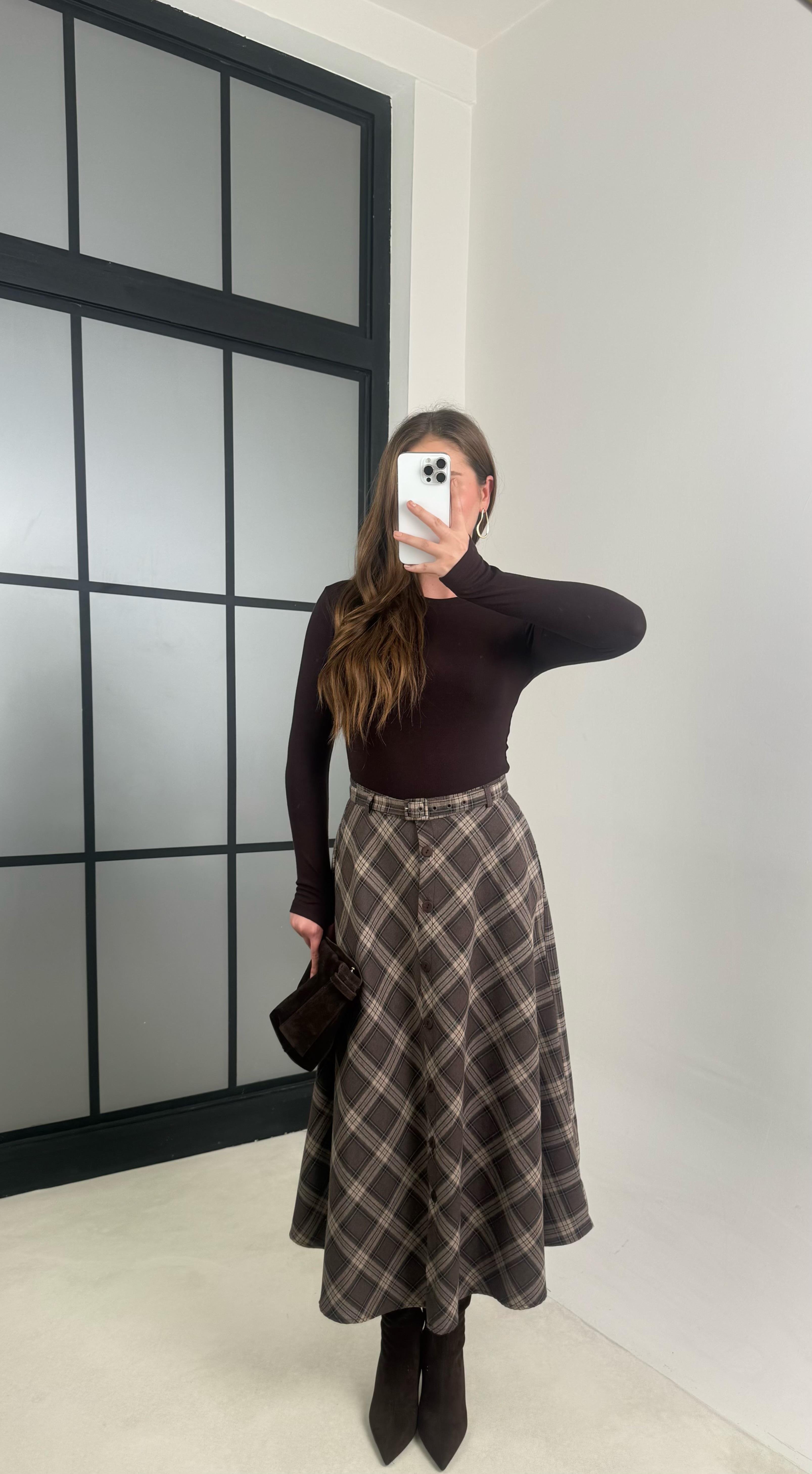 Kahve Düğmeli Kuşaklı Ekose Etek GAUS-00771GAUSETEKGAUS-00771