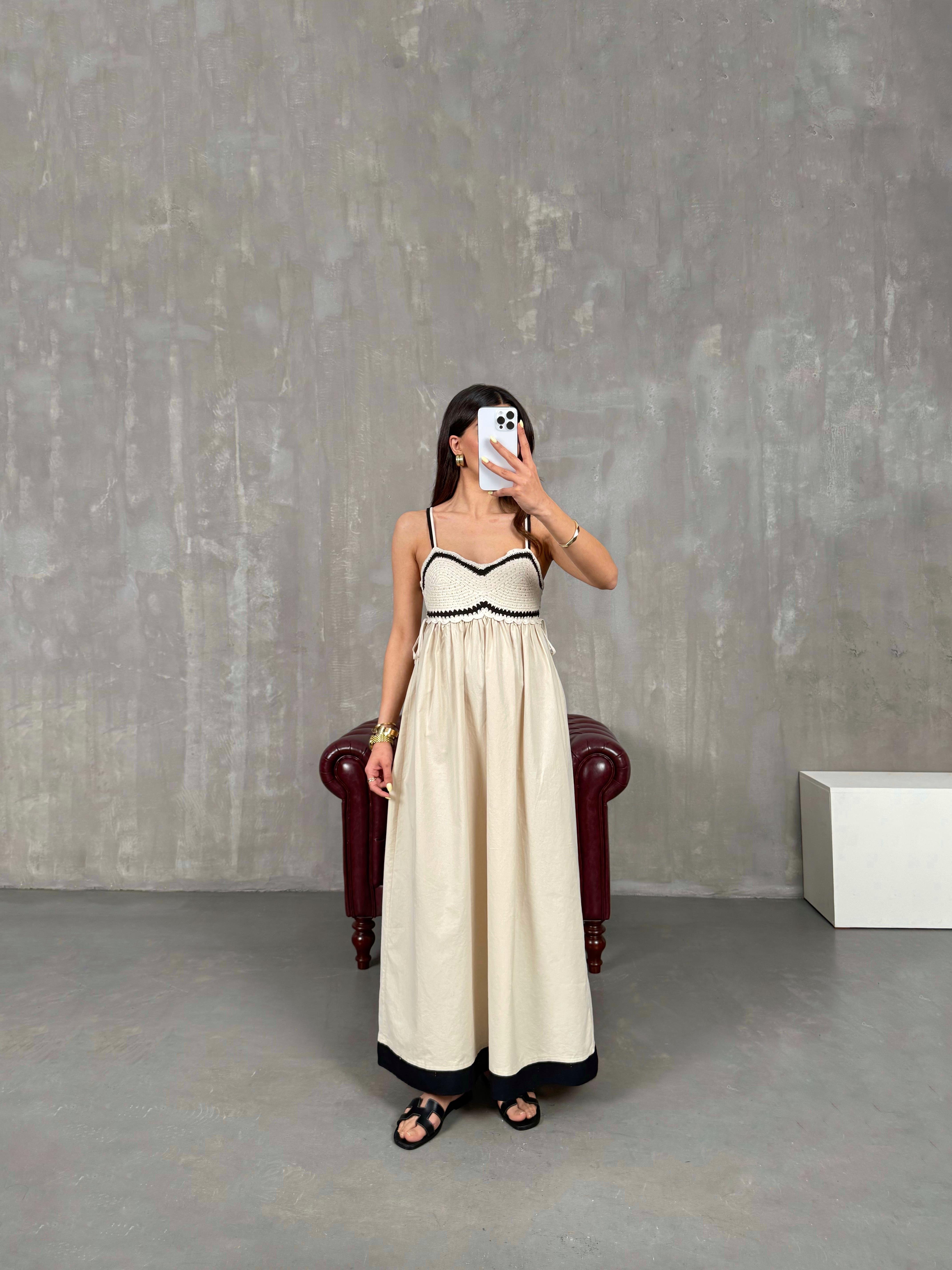 Krem Örgü Detaylı Askılı Elbise Gaus00136GausELBİSEGU1001311