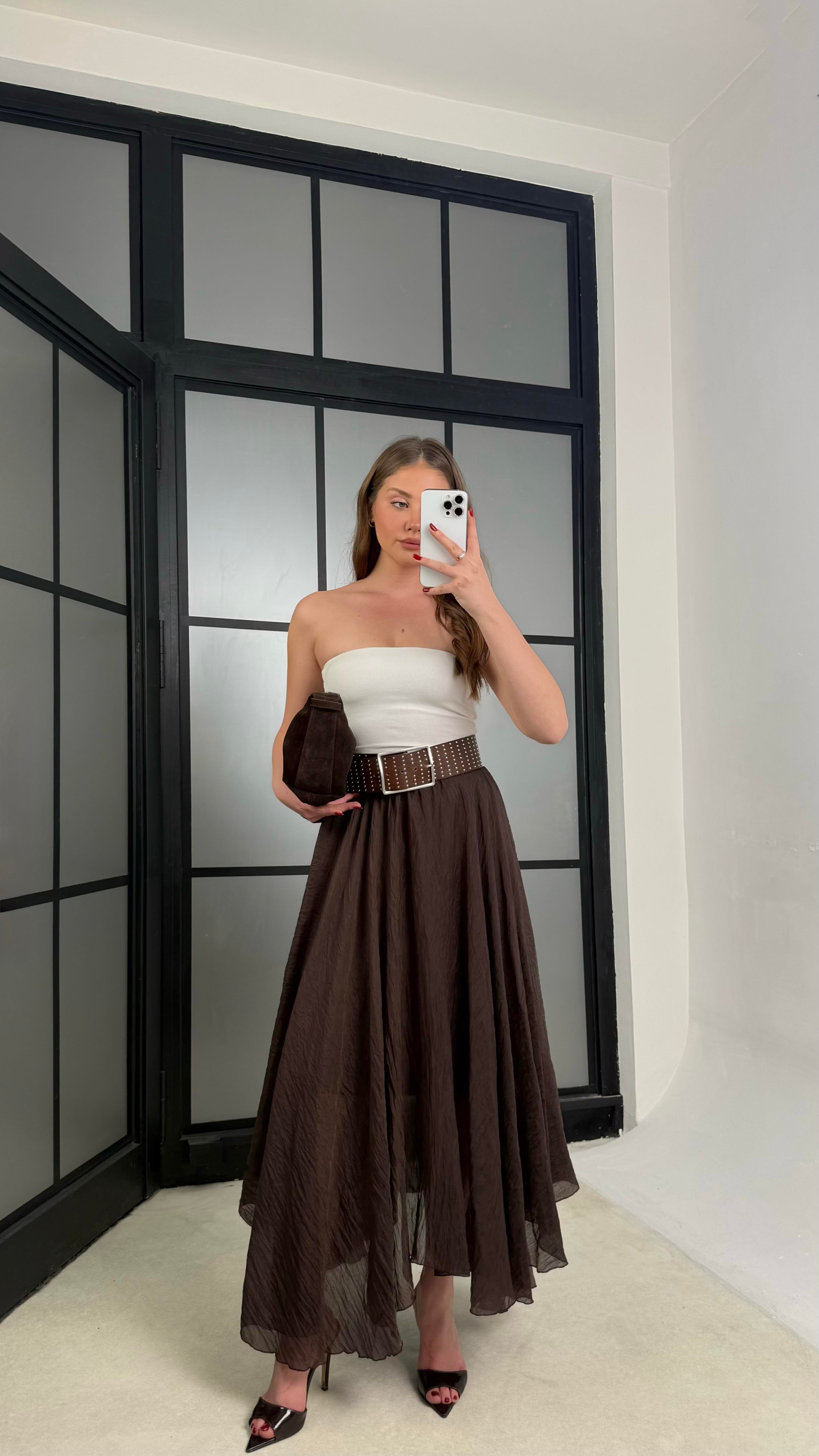 Acı Kahve Beli Lastikli Astarlı Şifon Etek GAUS-01266GAUSETEKGAUS-01266