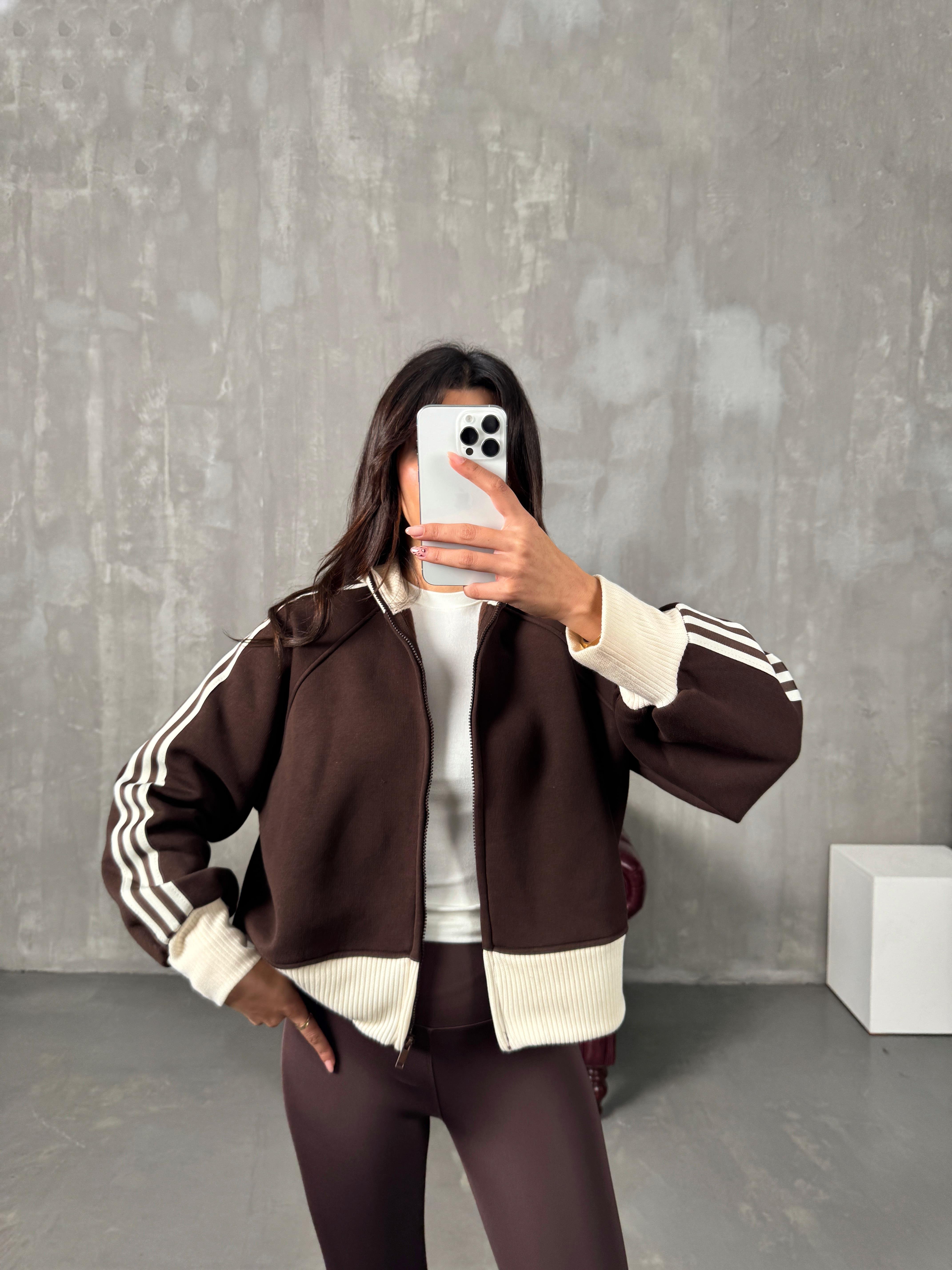 Brenda Kahve Üç İplik Şardonlu Ribanalı Fermuarlı Ceket