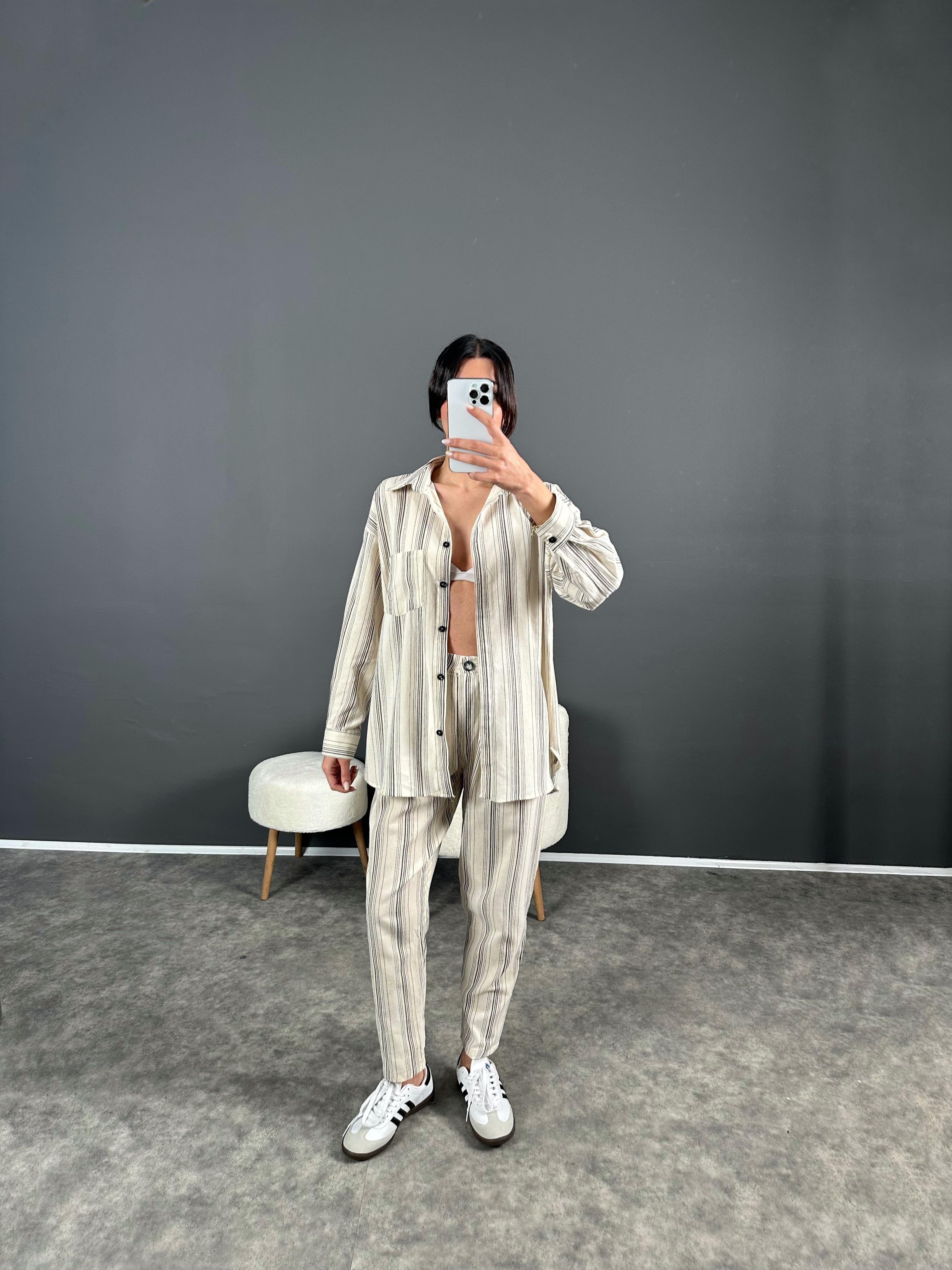 Miley Çizgili Oversize Keten İkili Takım GausTAKIMGU004545