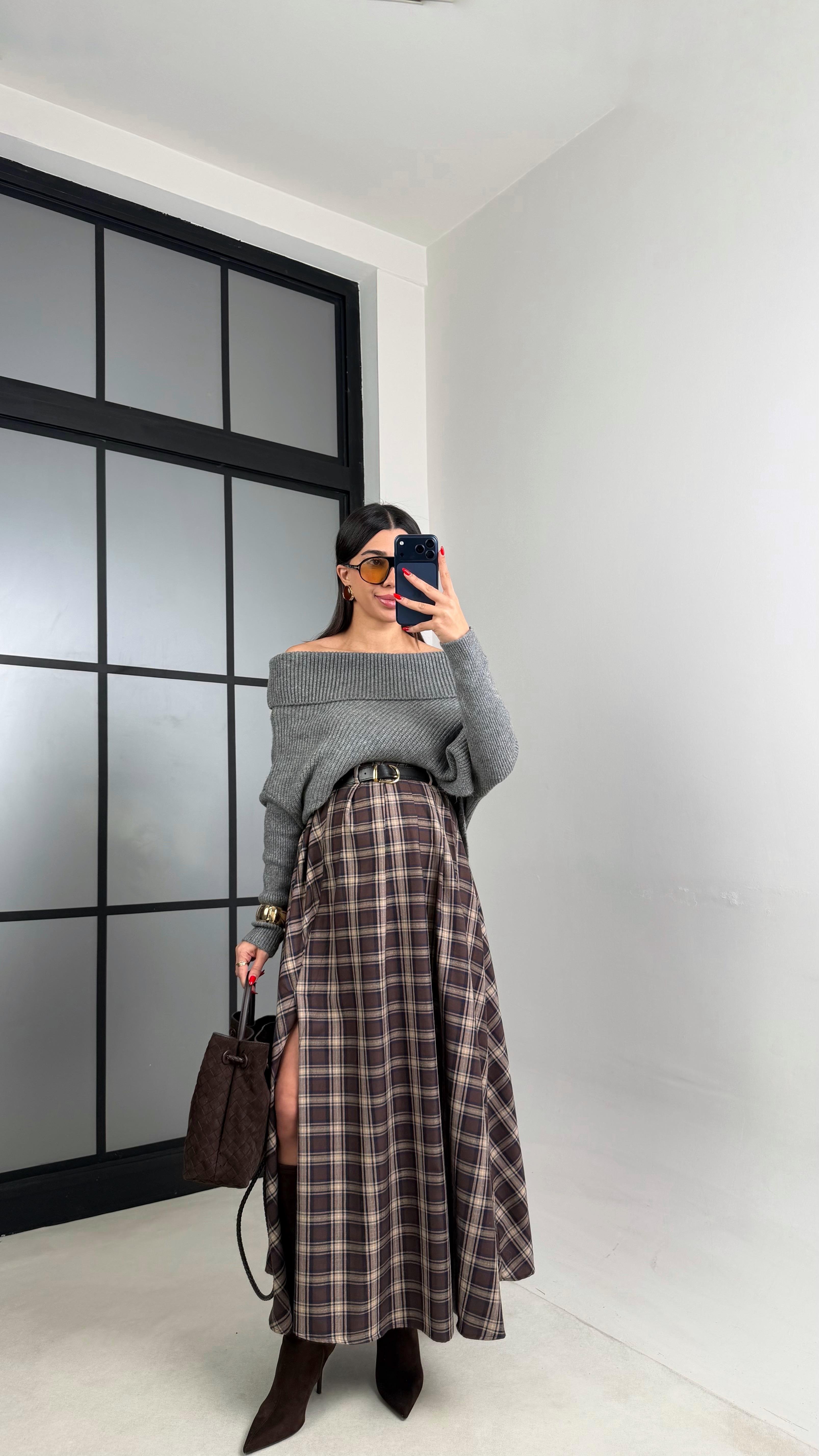 Bej Yırtmaçlı Kemerli Ekose Desenli Etek GAUS-01065GAUSETEKGAUS-01065