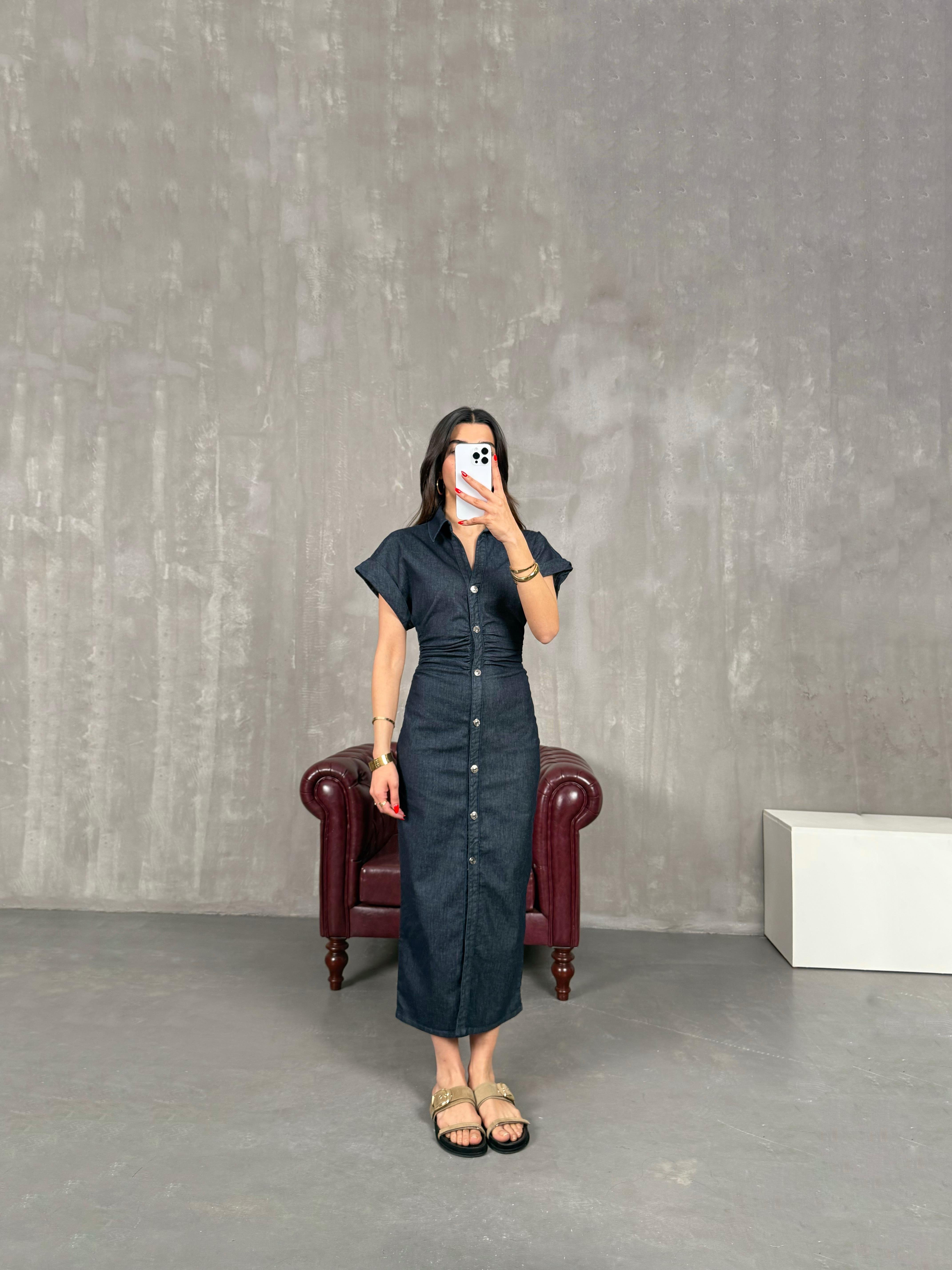 Lacivert Ön Düğmeli Beli Lastikli Denim Elbise Gaus00206GausELBİSEGU1001485