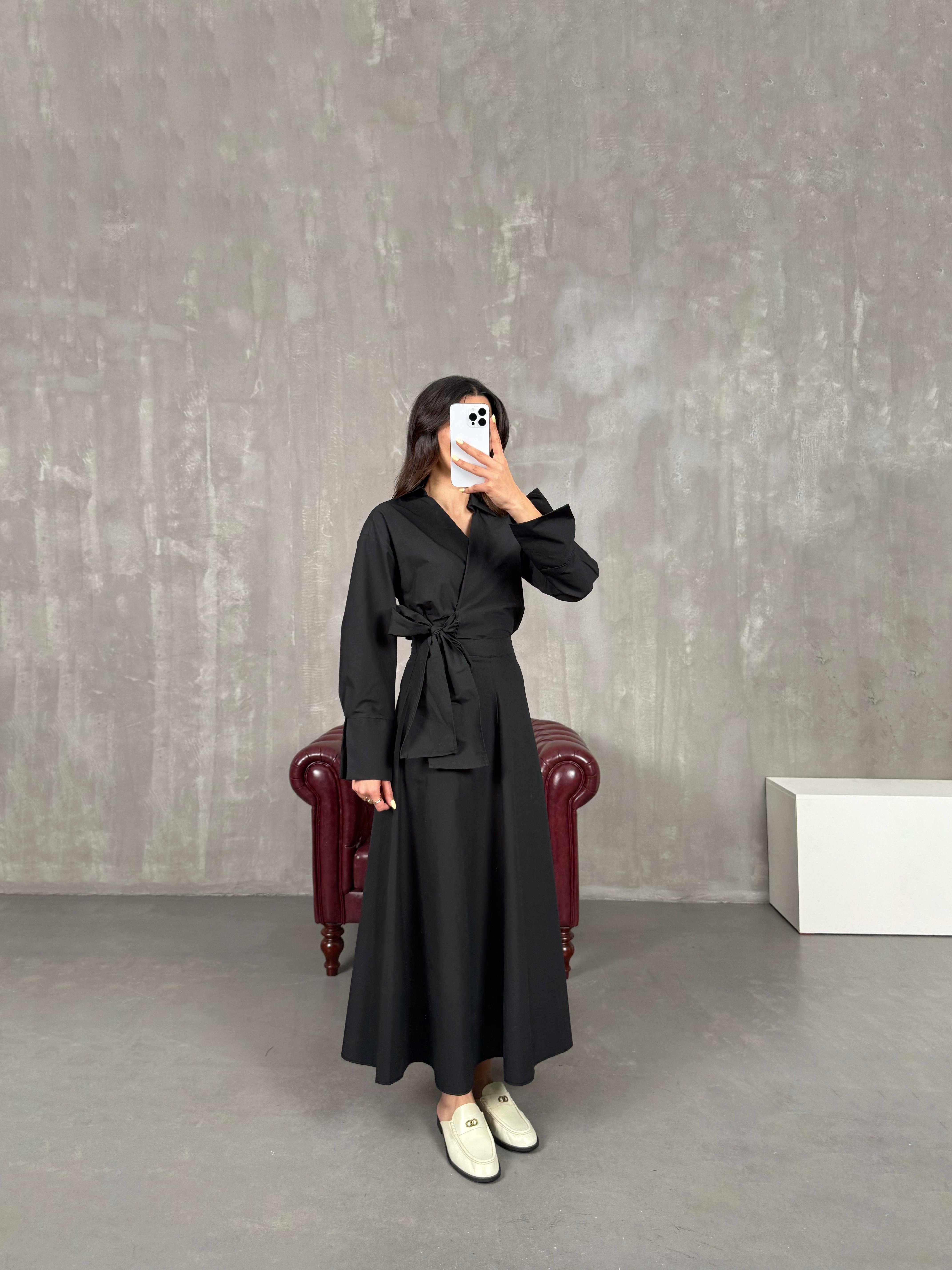 طقم لون أسود تنورة قميص بربّاط Gaus00114