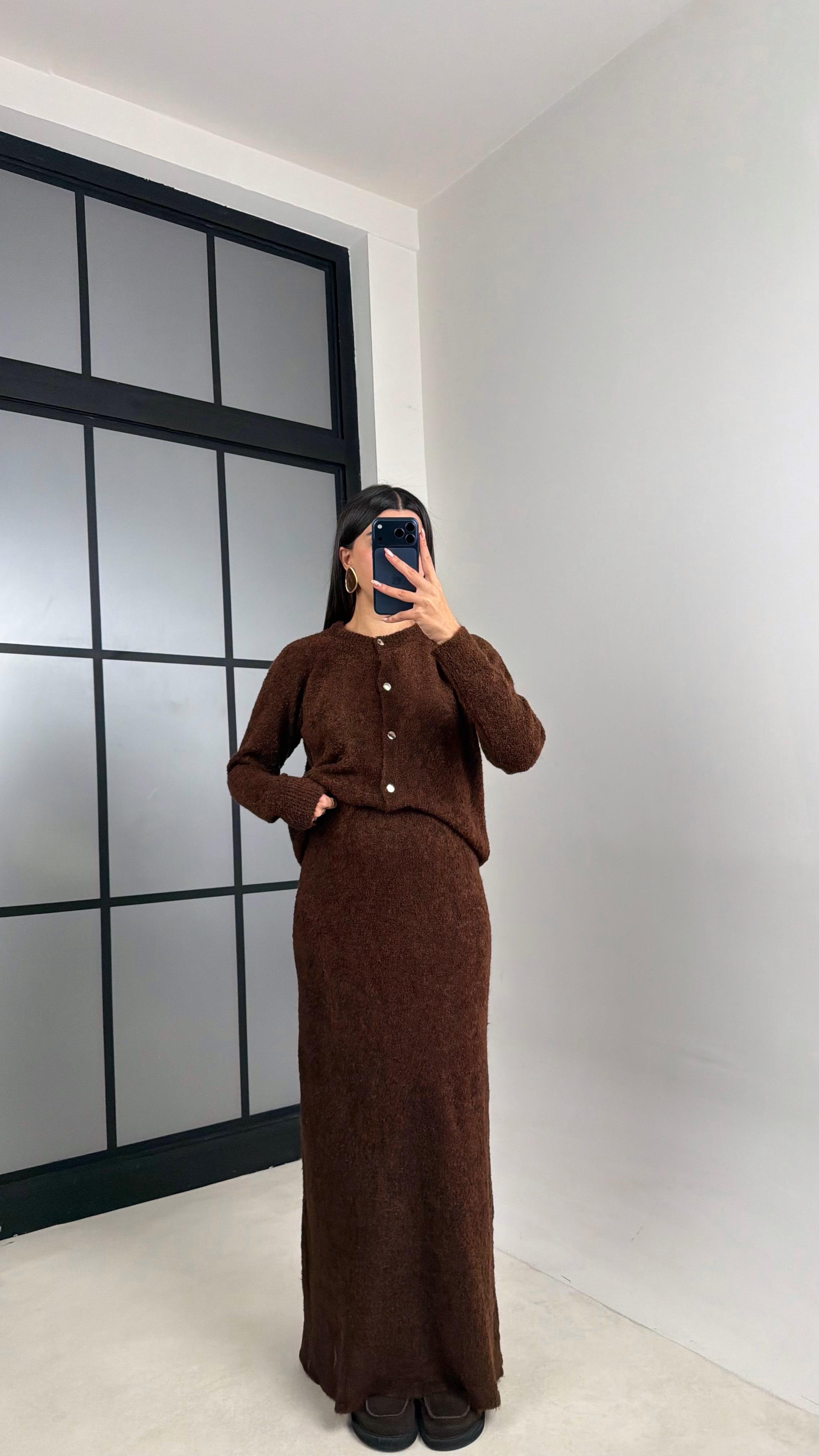 Kahve Hırka Beli Lastikli Etek Triko takım GAUS-00853GAUSTAKIMGAUS-00853