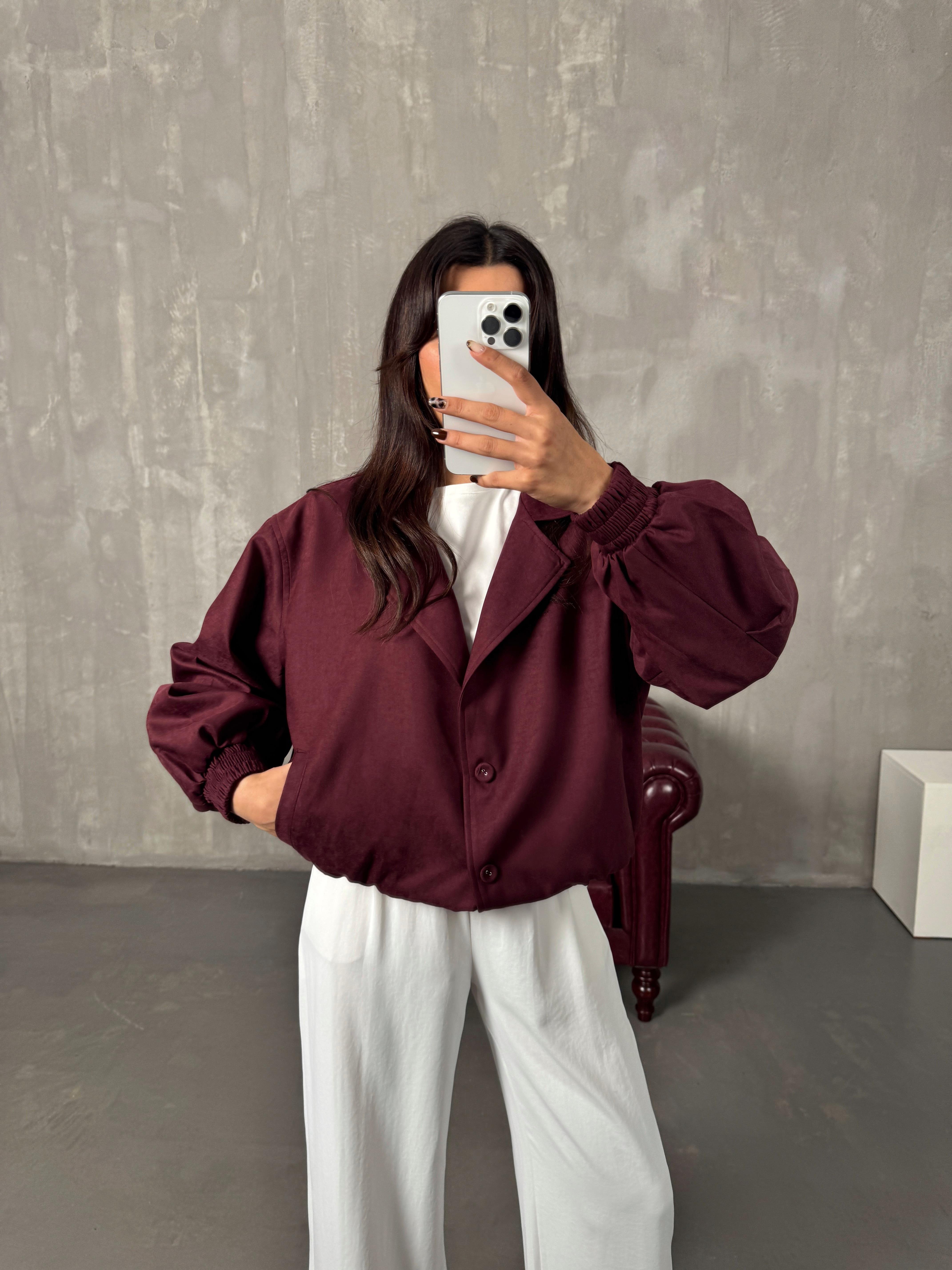 Sely Bordo Astarlı Düğmeli Süet Bomber Ceket