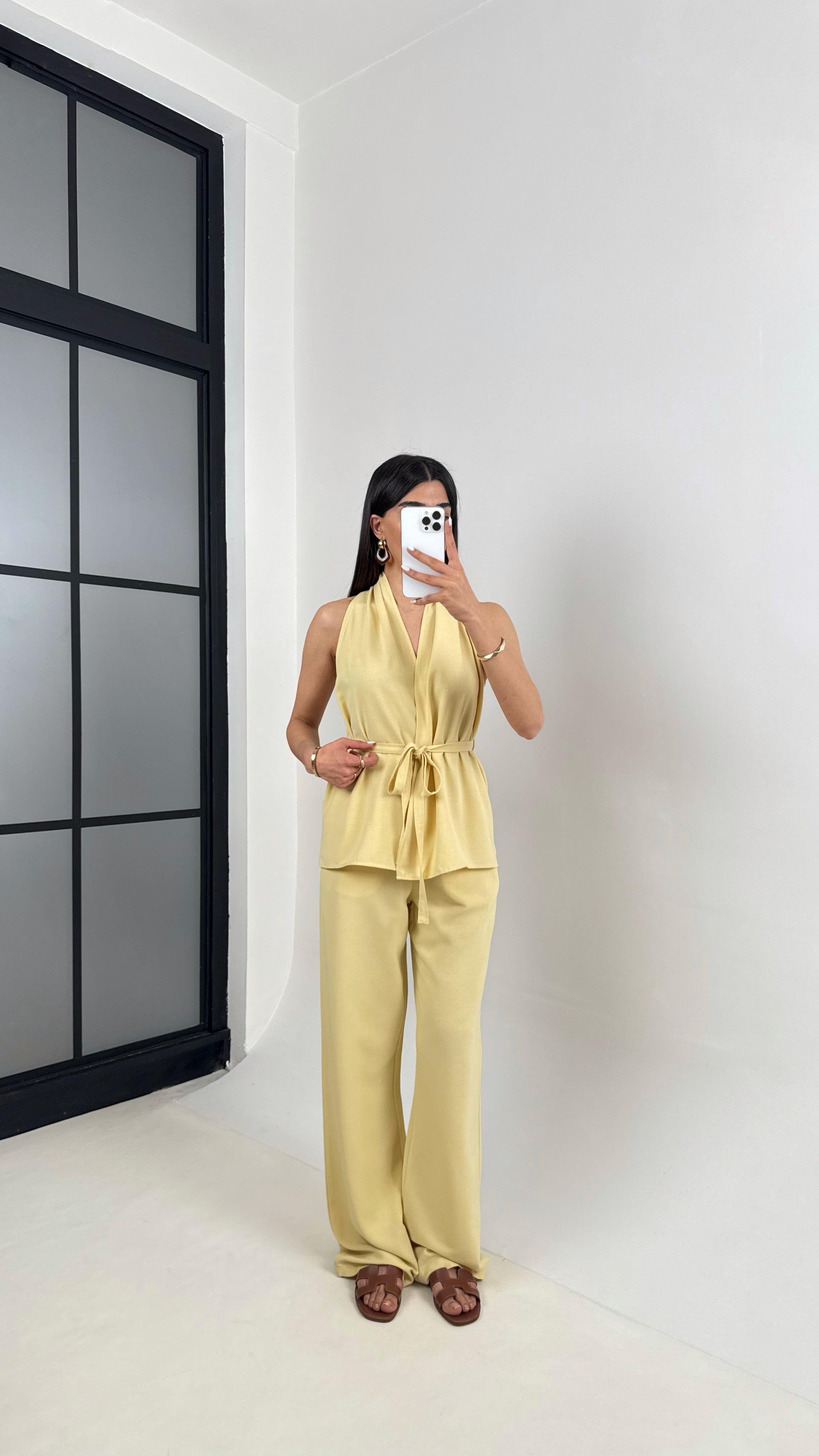 Sarı Önü Bağlamalı Kuşaklı Yelek Beli Lastikli Cepli Pantolon Keten Takım Gaus00410GausTAKIMGU1001956