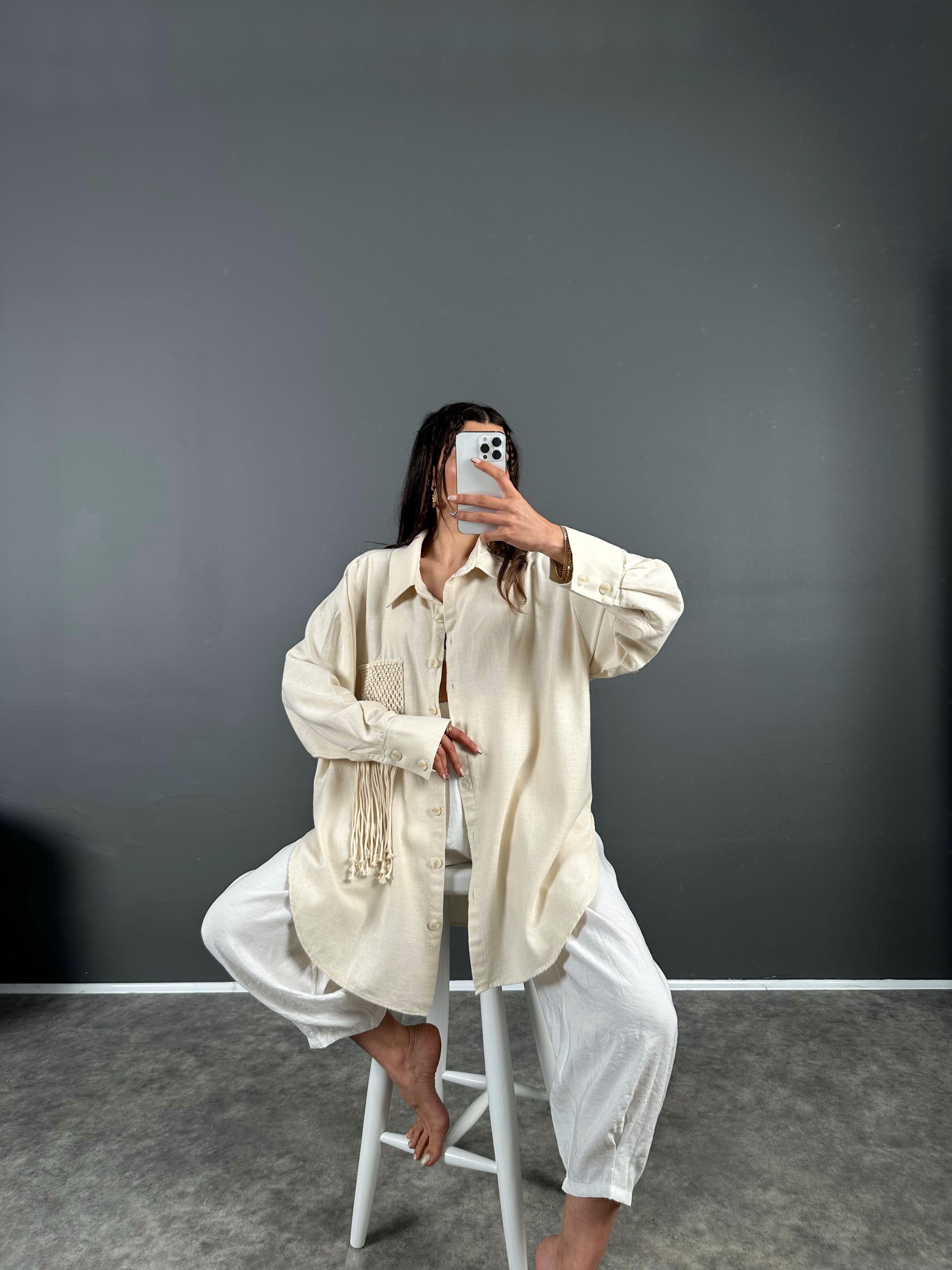 Taş Püsküllü Premium Oversize Keten Gömlek