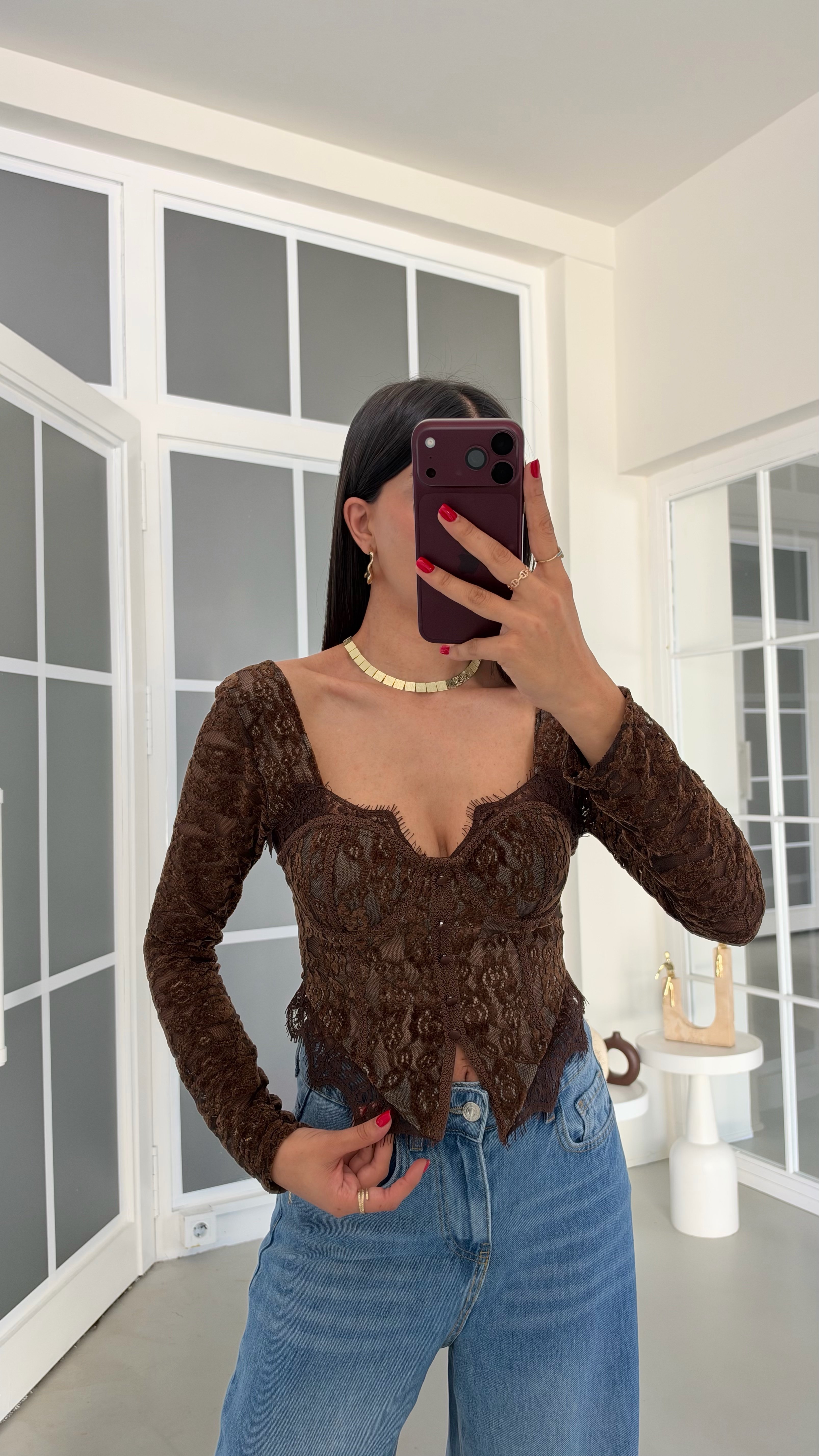 Acı Kahve Dantel Detaylı Premium Korse Bluz GAUS-02281GAUSBLUZGAUS-02281
