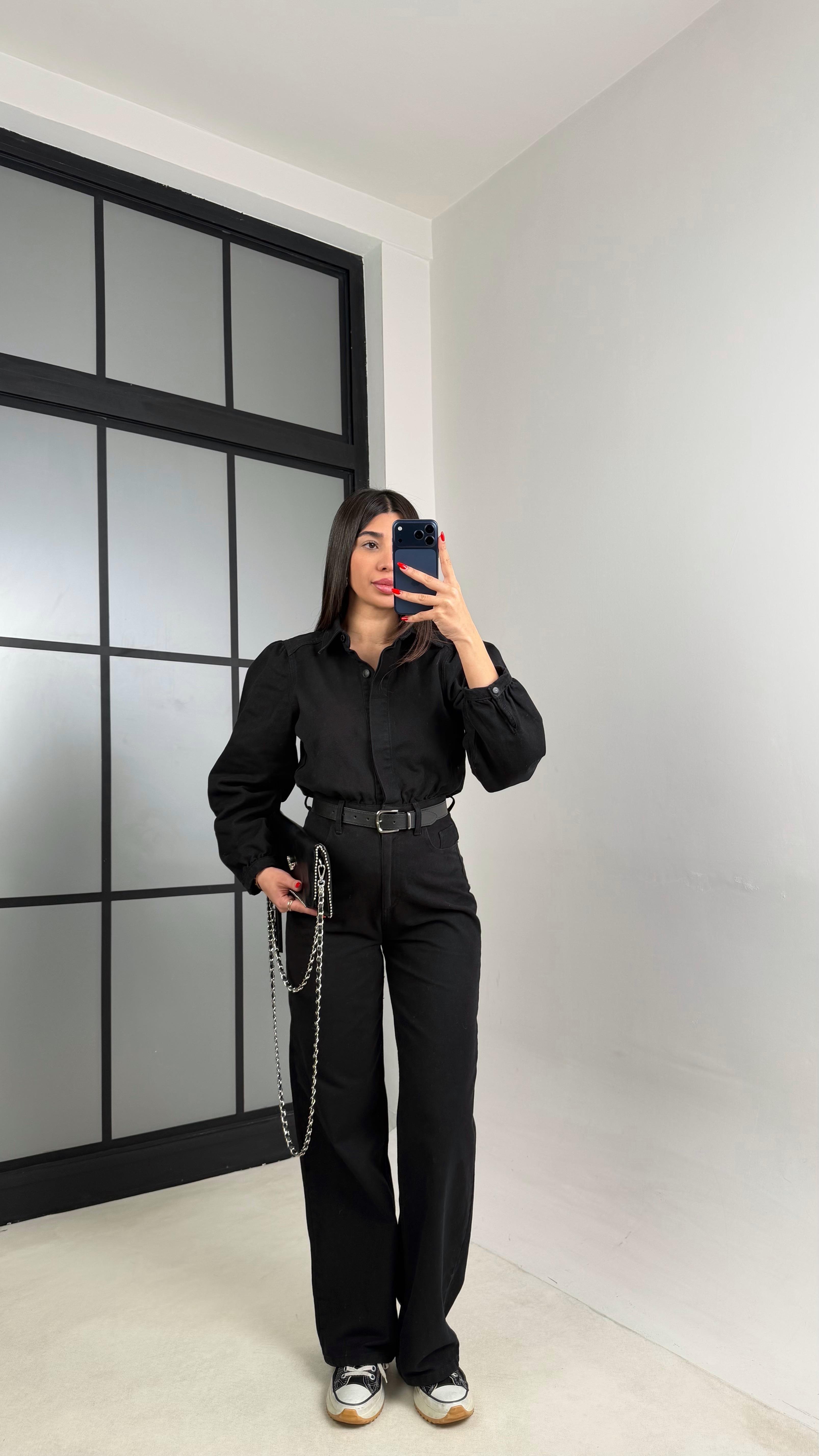 Siyah Kemerli Premium Denim Tulum GAUS-00673GAUSTULUMGAUS-00673