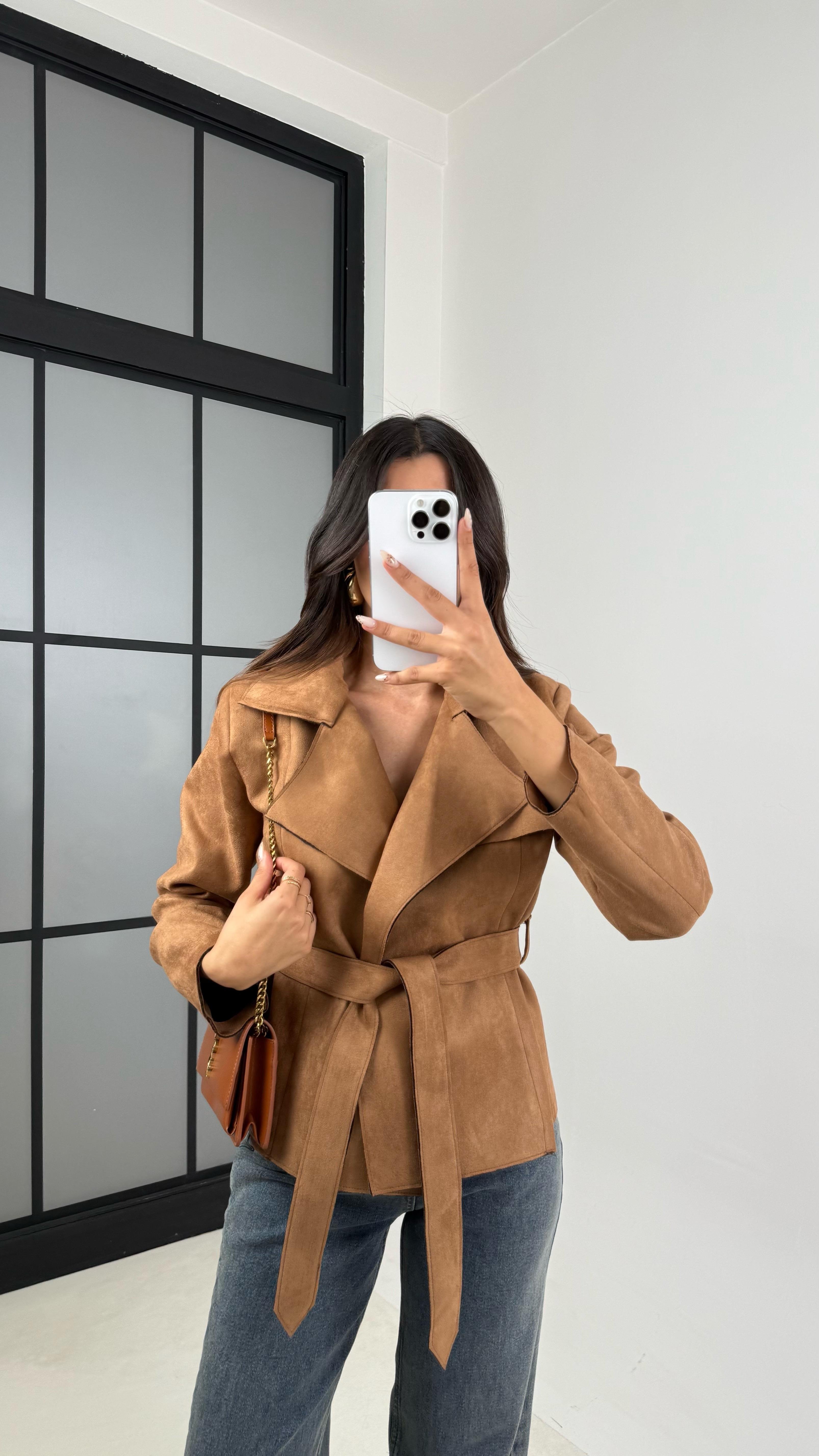 Camel Vatkalı Kuşaklı Süet Ceket GAUS-00130GAUS السترات  GAUS-00130