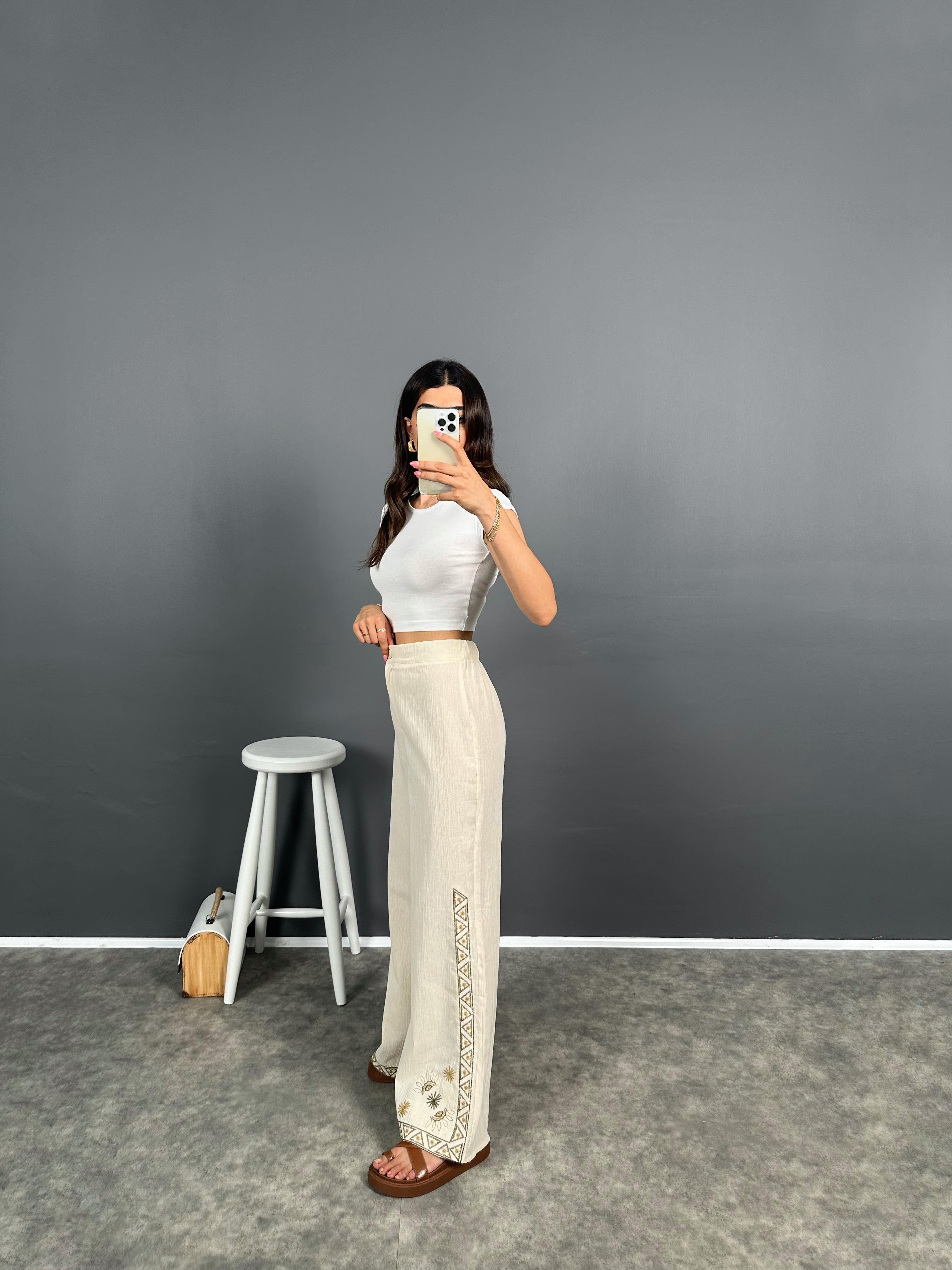 Cans Ekru Nakış İşlemeli Keten Karışımlı Bol Paça Pantolon