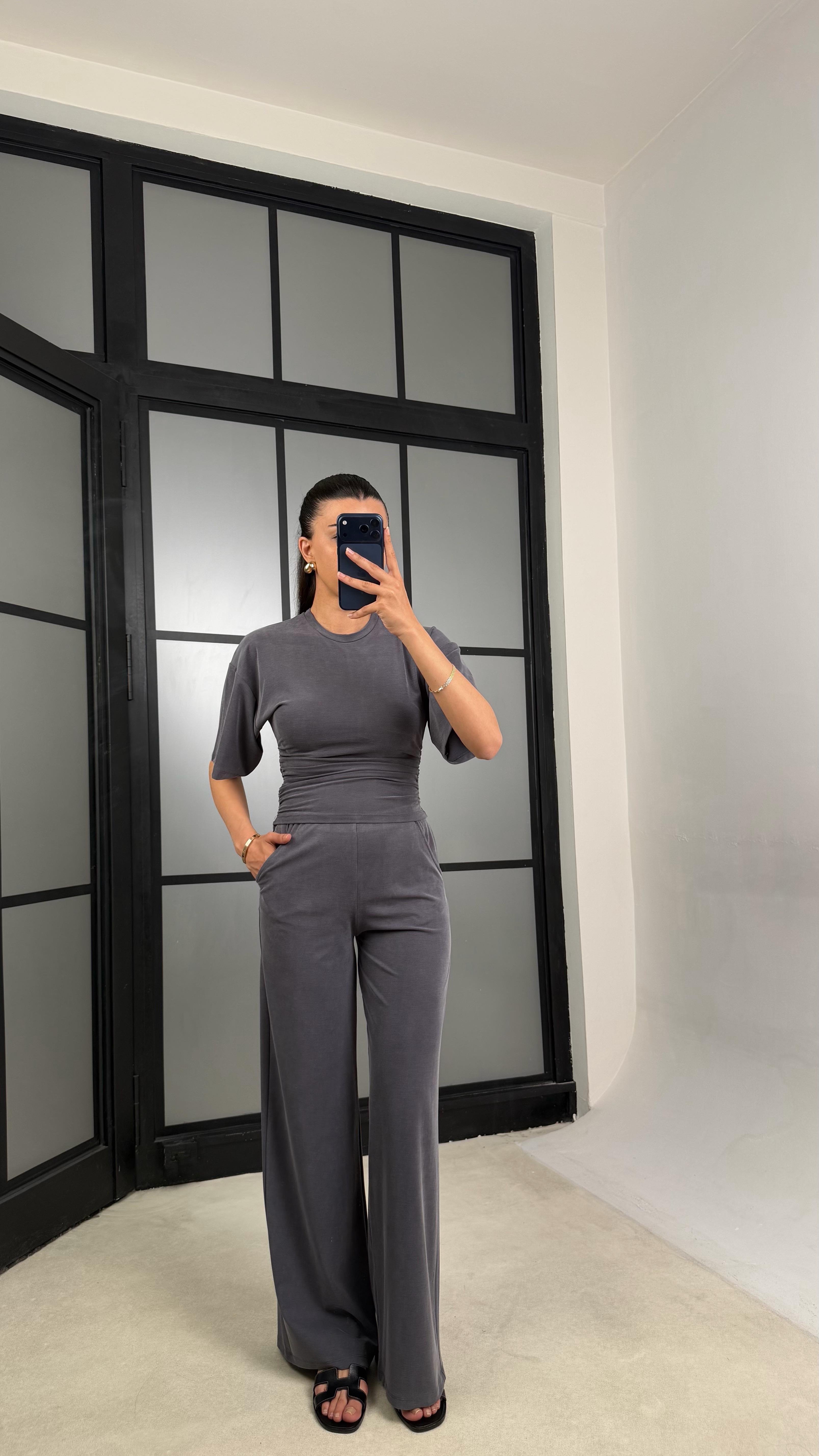 Füme Bluz Beli Lastikli Pantolon Muadil Takım GAUS-01547GAUSTAKIMGAUS-01547