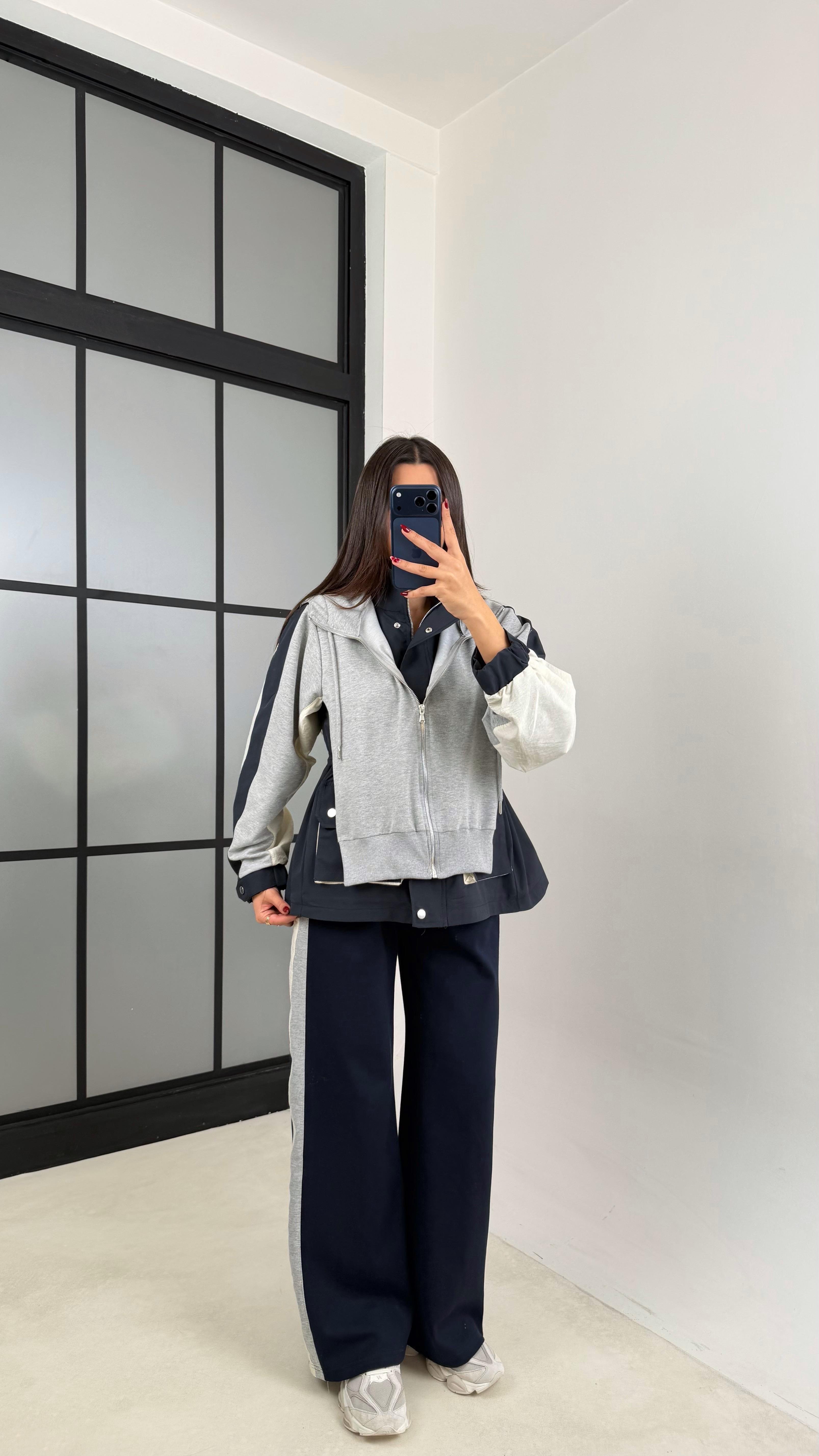 Lacivert Garnili Ceket Beli Lastikli Pantolon İkili Tasarım Takım GAUS-00699GAUSTAKIMGAUS-00699