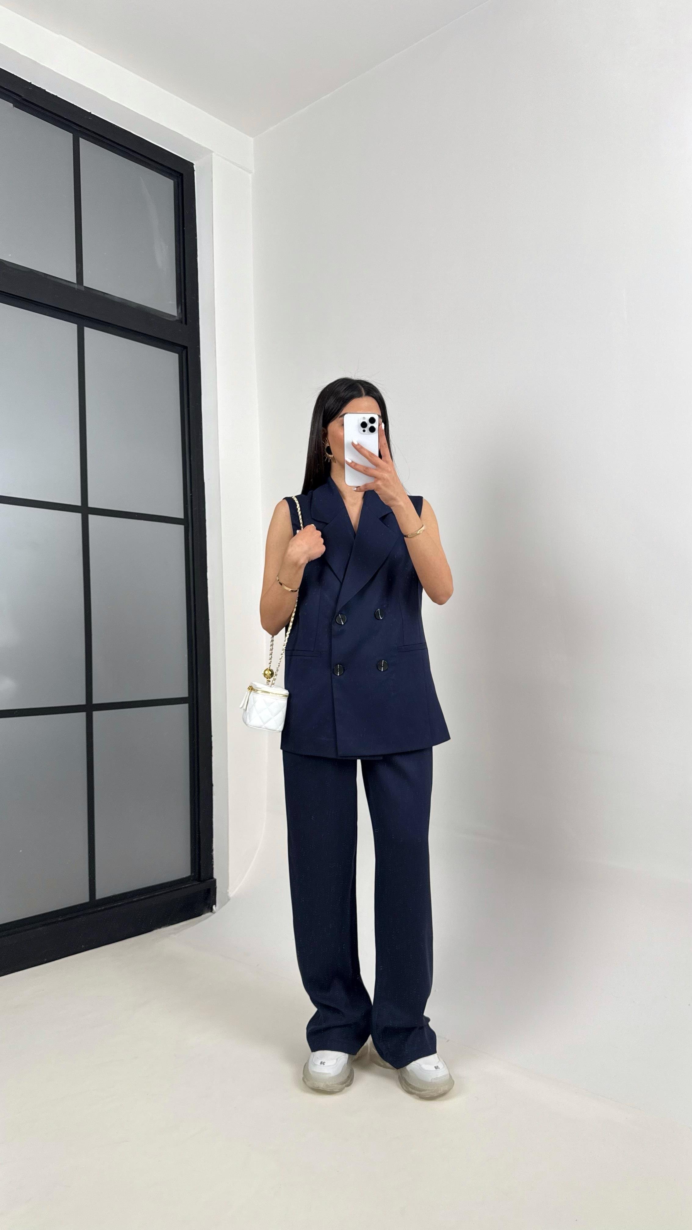 Lacivert Önü Düğmeli Astarlı Yelek Beli Lastikli Pantolon Tencel Premium Takım Gaus00366GausTAKIMGU1001849
