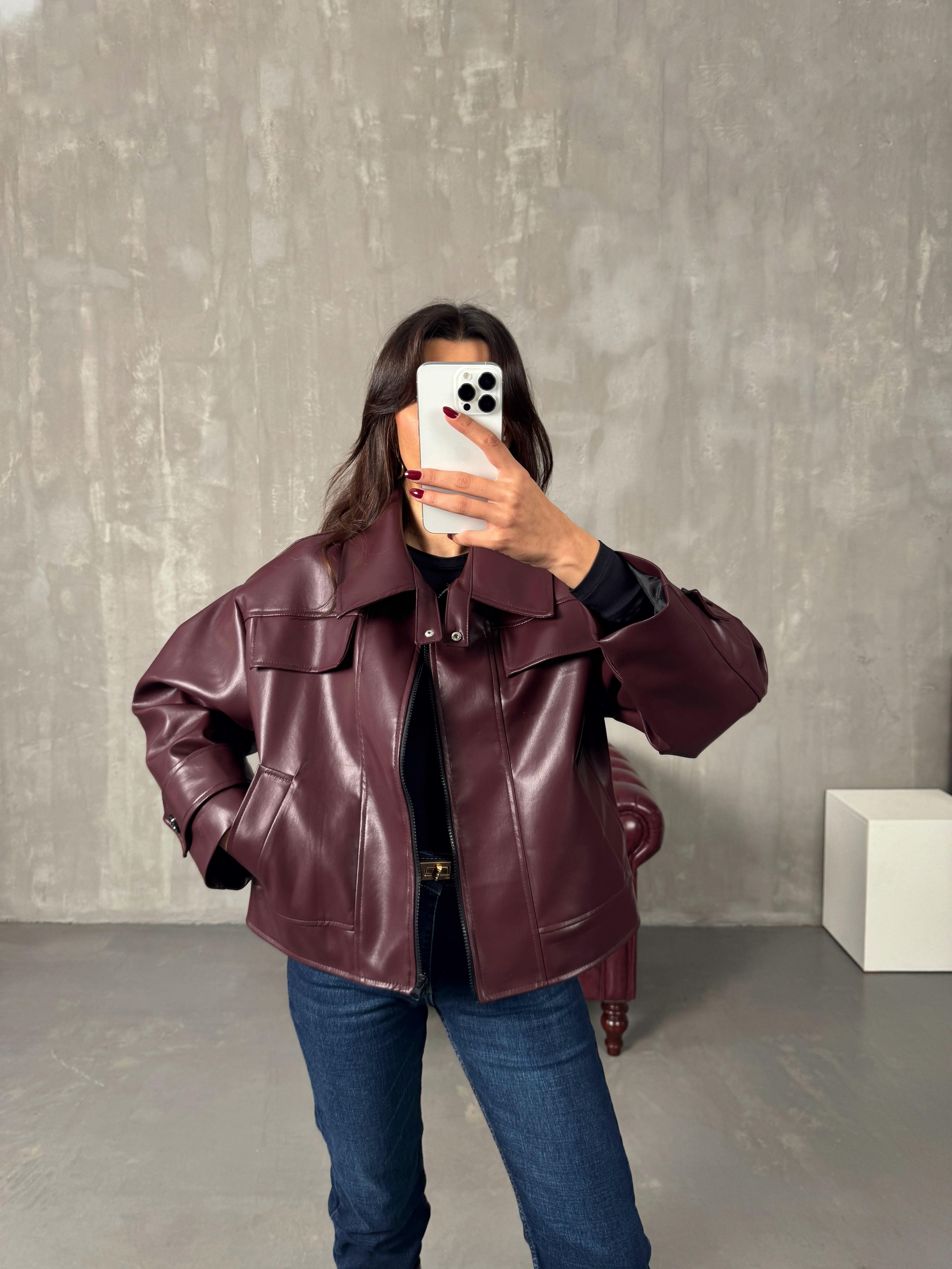 Roland Bordo Fermuarlı Astarlı Deri Ceket