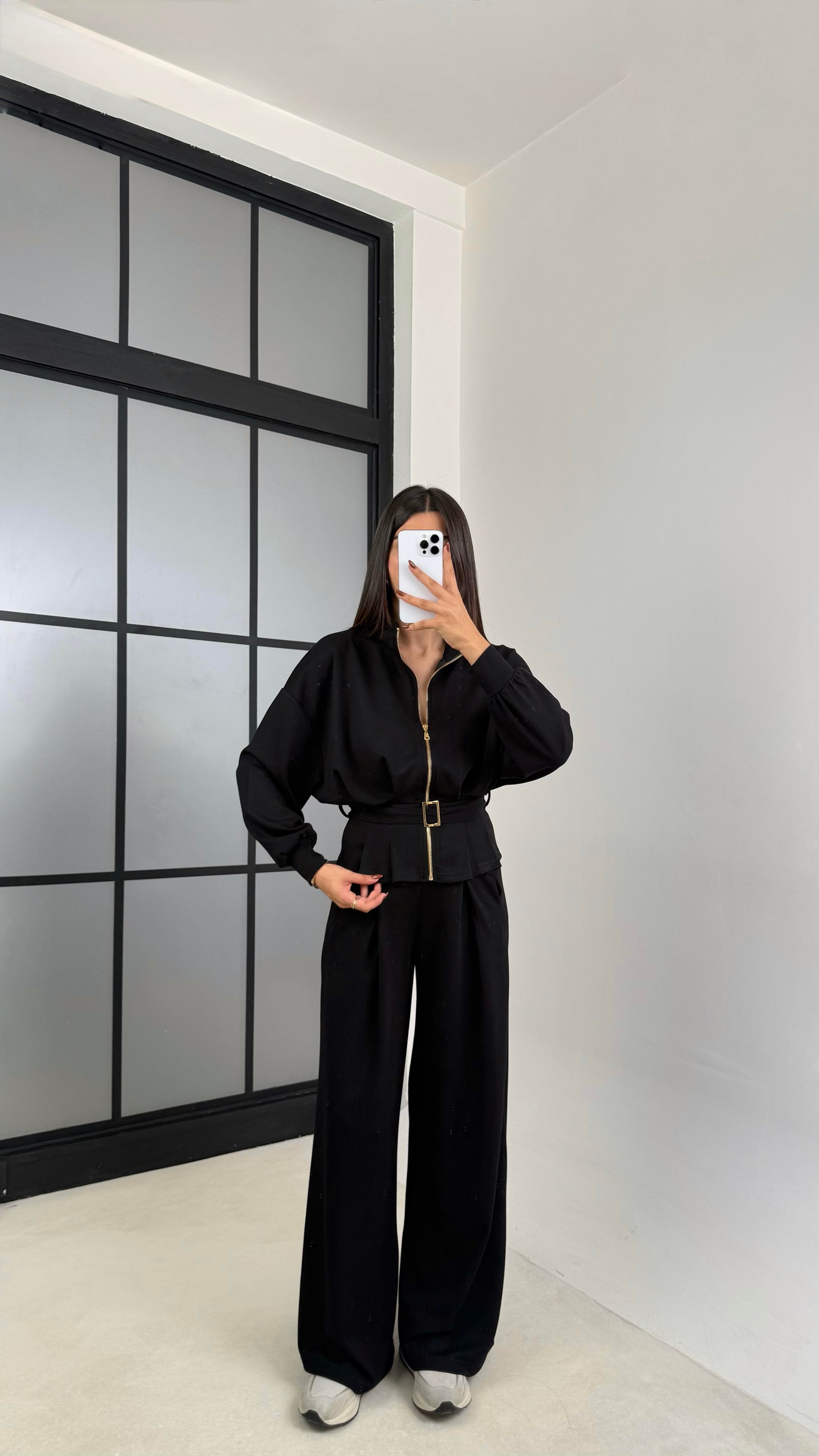 Siyah Kemer Detaylı Hırka Beli Lastikli Geniş Paça Pantolon Modal Takım GAUS-00188GAUSTAKIMGAUS-00188