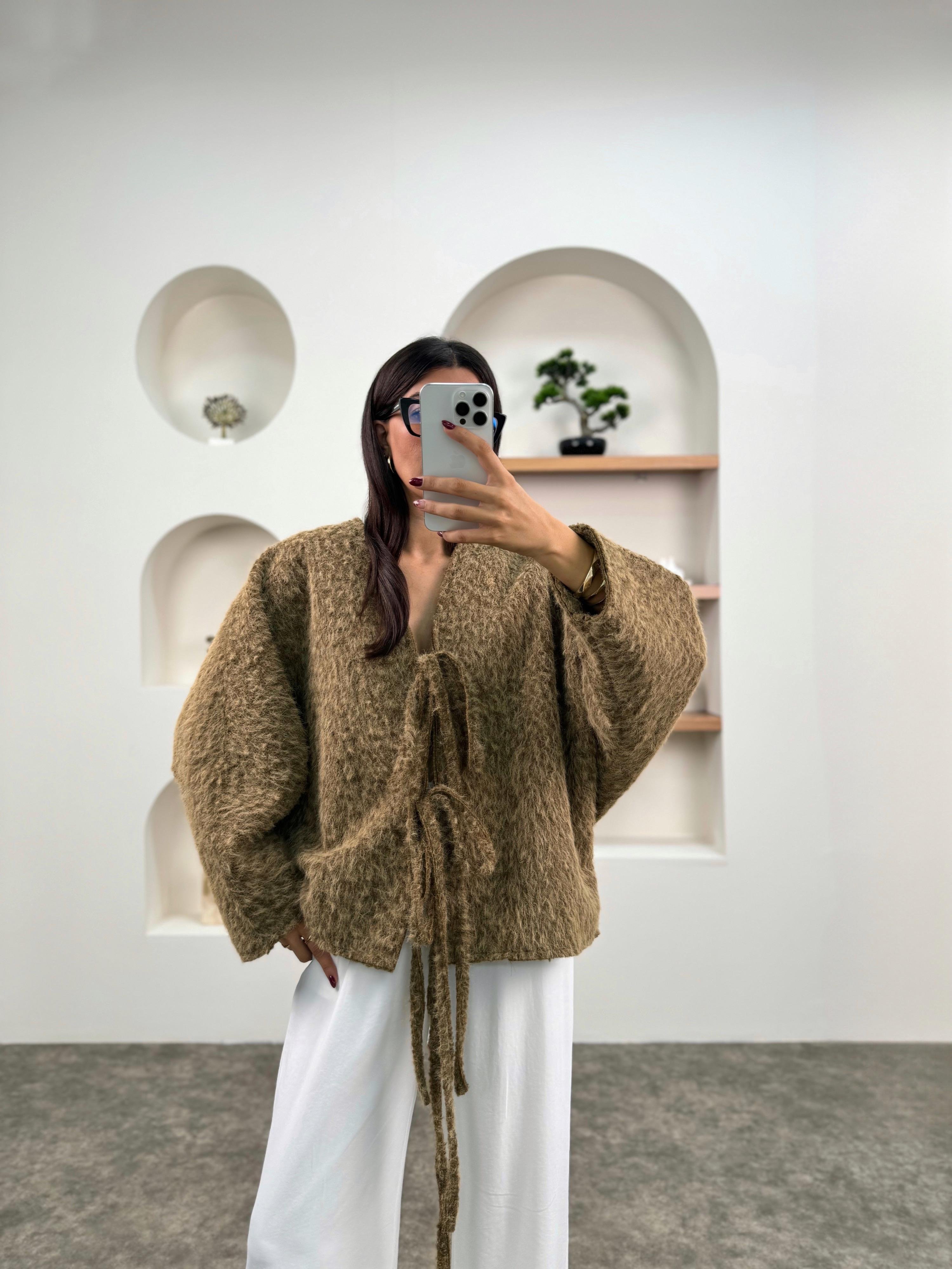 Loren Kahve Kırçıllı Astarlı Önden Bağlamalı Premium Ceket