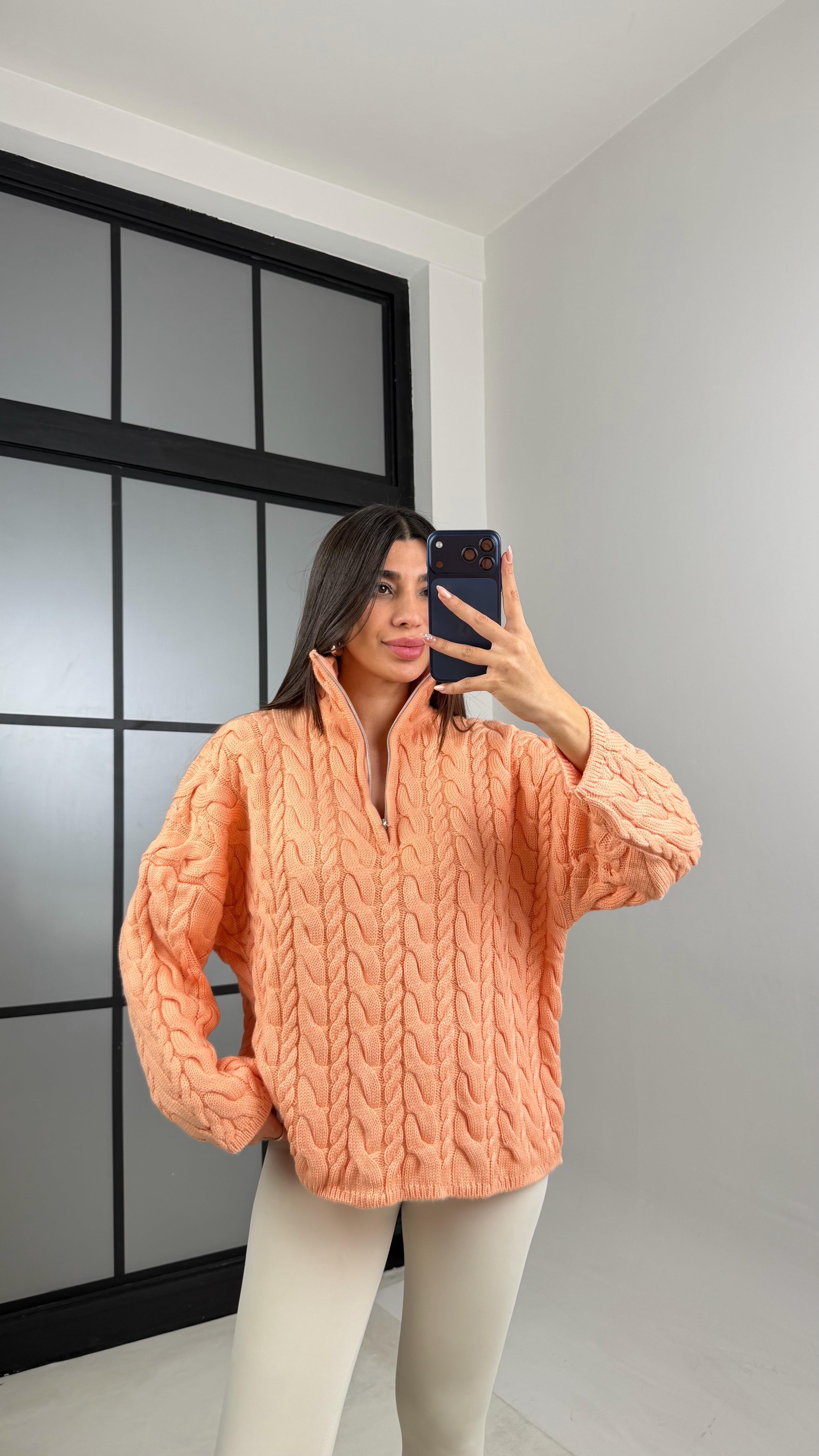 Somon Fermuarlı Saç Örgülü Kazak GAUS-00855GAUSKAZAKGAUS-00855